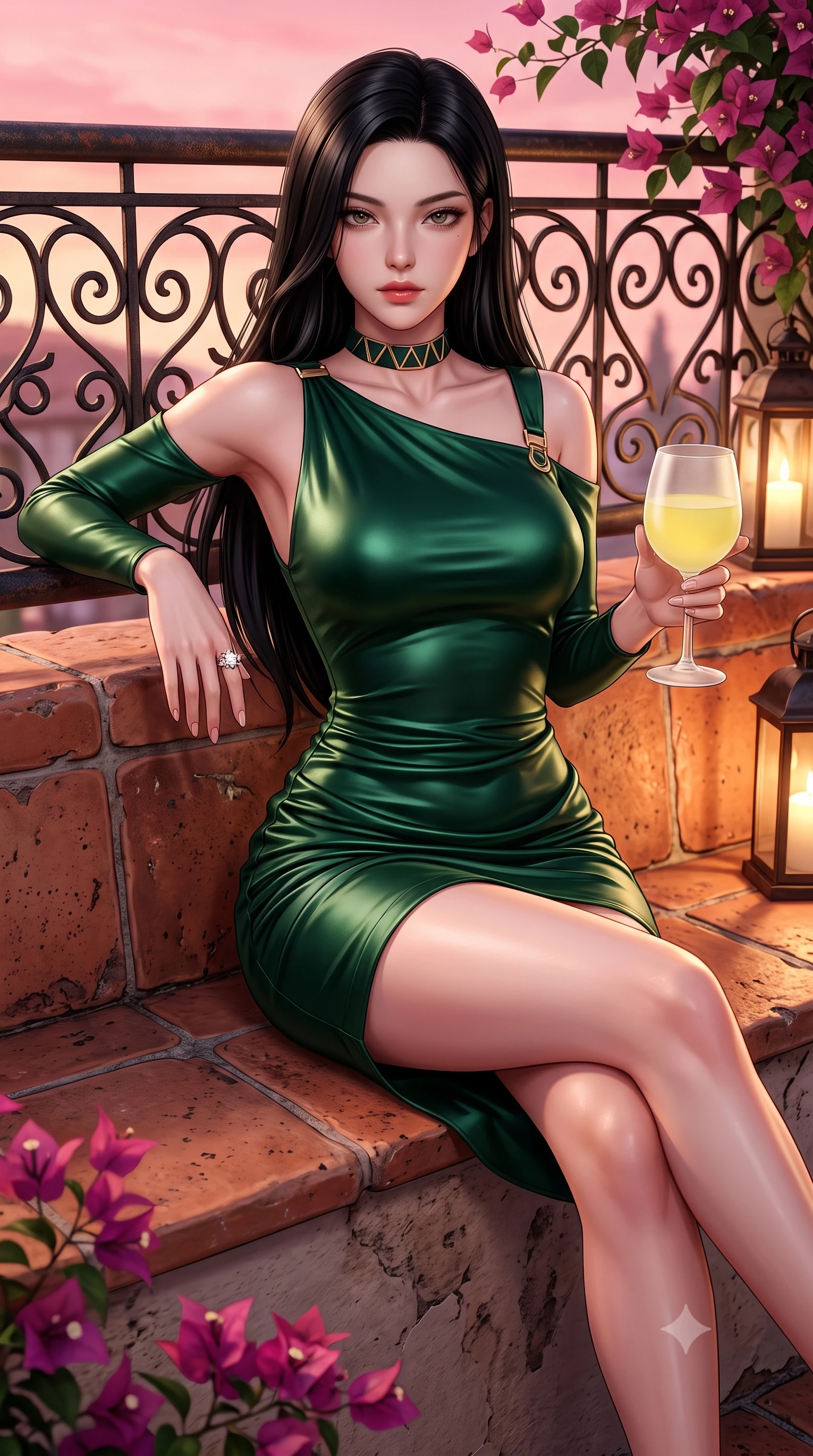 score_9, masterpiece, best quality, ultra-detailed, high-budget anime keyframe, semi-realistic 3D game render, editorial fashion photography, tasteful artistic composition, Korean woman. close-up cowboy shot from the waist and thighs up, the character dominates the composition, filling the frame with her large presence. leaning back with relaxed seductive grace, her sculpted collarbones and narrow waist highlighted as she casts smoldering bedroom-eyes directly into the camera while perching on a terracotta tiled bench with legs crossed, arching her lower back while holding a frosted glass of limoncello. The surrounding environment is rendered in vivid detail and crisp panoramic clarity. sharp wrought-iron railing scrollwork, weathered terracotta tiles, and bougainvillea petal venation in deep focus. She has an exceptionally elegant, slender, and willowy female figure with an ultra-slim waist, flat toned midriff, narrow ribcage, and sculpted feminine hips creating an alluring, slim hourglass silhouette without bulk. sharp v-shaped jawline, high-bridge nose, intricate jewel-like eyes with depth, thick eyelashes, glossy parted lips with a natural sheen, intensely captivating and seductive bedroom-eyes expression, flawlessly proportioned anatomical accuracy, strict slender model proportions, natural body alignment, perfectly sculpted long slender limbs, ultra-slim waistline, clean dynamic posture without body distortion. wearing a form-contouring cocktail dress with an asymmetrical open shoulder and hip-defining ruching in deep emerald green satin and gold hardware, formed from supple second-skin lambskin leather with specular sheen, complemented by a bold geometric choker and sparkling cocktail ring, the glove-like aerodynamic silhouette tightly following the natural contour of her hips and long slender legs with statuesque 8.5-heads elegance. bathed in rich pastel dusk pink and peach sunset glow contrasting with warm terrace lantern downlights. highly saturated vibrant anime colors, detailed shading with soft gradients, rich glossy textures, high-contrast stereoscopic depth, volumetric dynamic lighting, master piece, 9:16 ratio