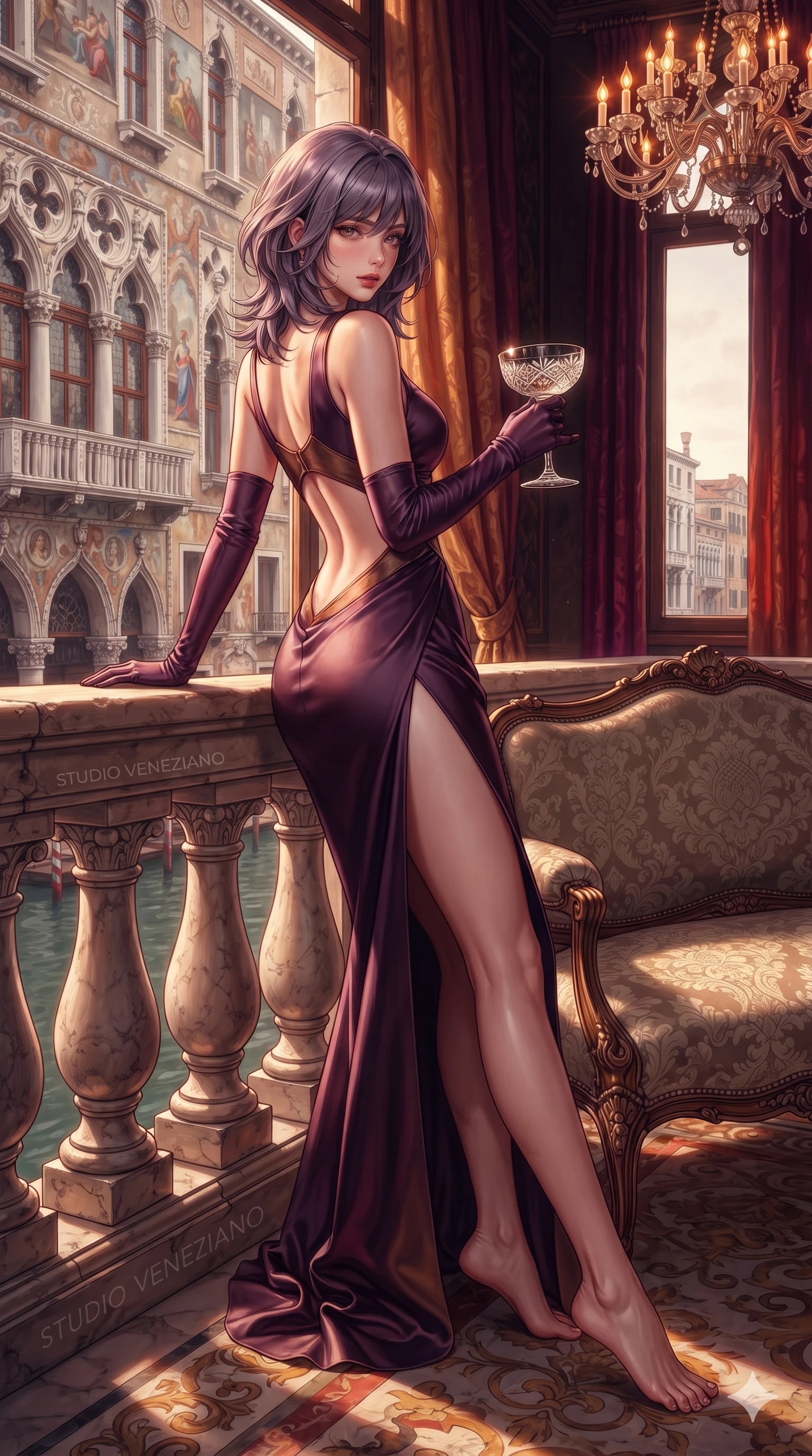score_9, masterpiece, best quality, ultra-detailed, high-budget anime keyframe, semi-realistic 3D game render, editorial fashion photography, tasteful artistic composition, Japanese woman. low angle full-body shot from head to toe showing her feet, filling the entire 9:16 vertical frame with her statuesque presence, stretching her vertical silhouette. leaning deep against the balcony balustrade with hips cocked back in an unapologetically alluring high-fashion stance, casting an intoxicating glance while lounging languidly across a damask-upholstered antique settee, her flat midriff and feminine hips bathed in rich ruby and amber chandelier light. The surrounding environment is rendered in vivid detail and crisp panoramic clarity: detailed anime keyframe lines, specular highlights, and monumental Venetian palazzo heritage in high resolution. She has an exceptionally tall and slender model-like 8.5-heads proportion, an ultra-slim waist, a flat toned midriff, narrow delicate ribcage, and beautifully sculpted feminine hips creating a graceful, slim hourglass silhouette without any bulky heaviness, with impossibly long slender legs. sharp v-shaped jawline, high-bridge nose, intricate jewel-like eyes with depth, thick eyelashes, glossy parted lips with a natural sheen, intensely captivating and seductive bedroom-eyes expression, flawlessly proportioned anatomical accuracy, strict slender model proportions, natural body alignment, perfectly sculpted long slender limbs, ultra-slim waistline, clean dynamic posture without body distortion. wearing a sculpted liquid-satin mermaid gown with an architectural open-waist cutout and bare spine in deep plum violet and antique bronze, tailored from heavy Italian silk mikado with an architectural structured drape, accessorized with opera-length satin gloves and a vintage crystal glass, the high-slit wrap tailoring accentuating her ultra-slim waistline and the enchanting curve of her feminine hips with alluring seductive charm. crisp directional rim lights sharply defining her sculpted collarbones, ultra-slim waist, and curvy hips. highly saturated vibrant anime colors, detailed shading with soft gradients, rich glossy textures, high-contrast stereoscopic depth, volumetric dynamic lighting, master piece, 9:16 ratio