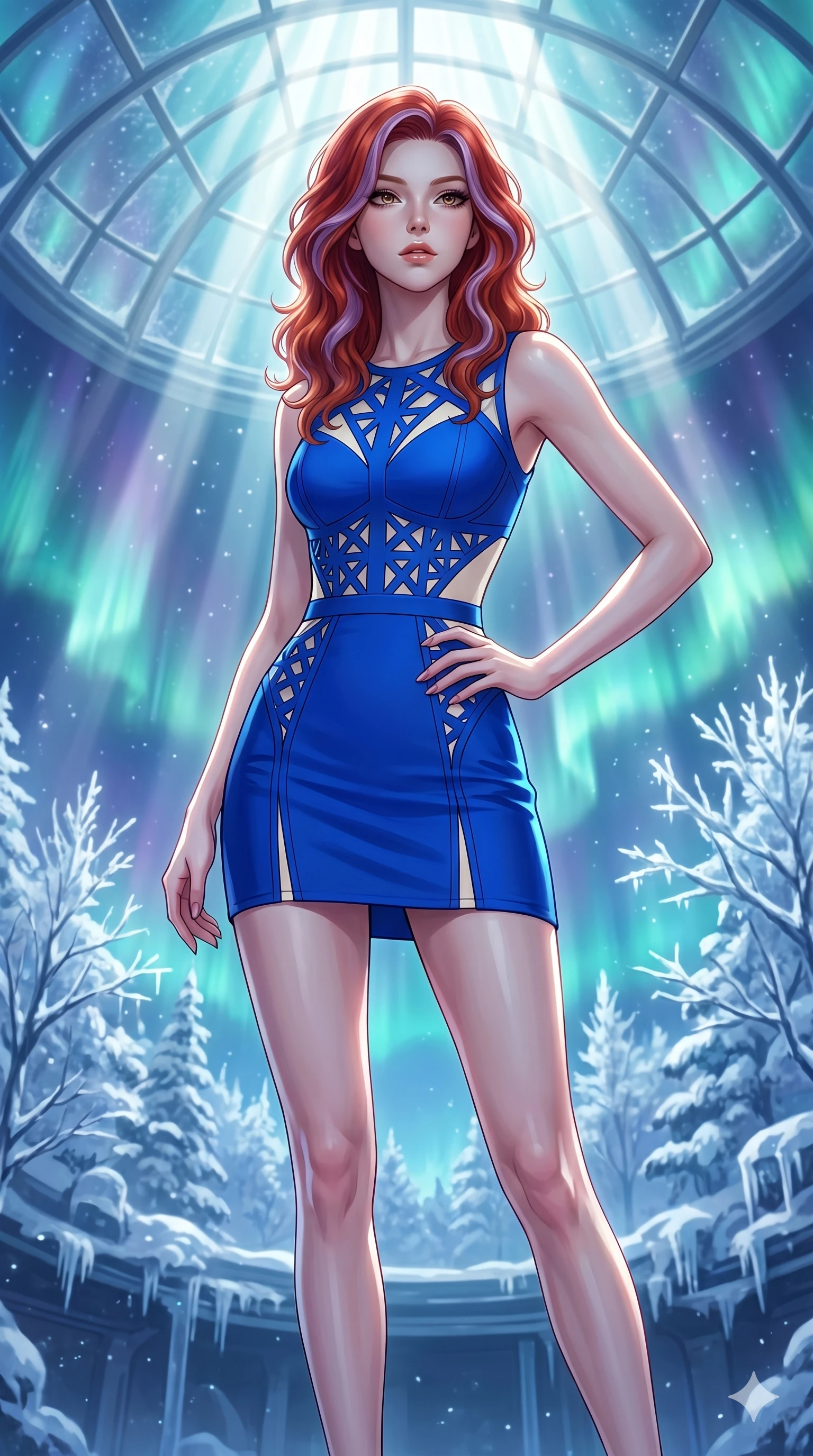 score_9, masterpiece, best quality, ultra-detailed, high-budget anime keyframe, editorial fashion photography, tasteful artistic composition, Japanese woman. cowboy shot from the thighs up, character and outfit filling the frame for maximum editorial presence. Gazing past the camera with an air of effortless superiority within a dreamlike floating winter kingdom with frozen crystal trees and aurora skies. She has an absolutely perfect 8-heads proportion, an exceptionally tall and slender female figure with impossibly long slender legs and an ultra-slim waist. V-shaped jawline, high-bridge nose, intricate jewel-like eyes with depth, thick eyelashes, glossy lips with a natural sheen. wearing a vivid electric cobalt structured fitted mini dress with intricate laser-cut geometric patterns at the torso and waist artistic glimpses of the underlining in contrasting ivory. drenched in cinematic god-ray sunlight descending from a vaulted glass ceiling, illuminating her form. 2k, ultra detail, master piece, 9:16 ratio