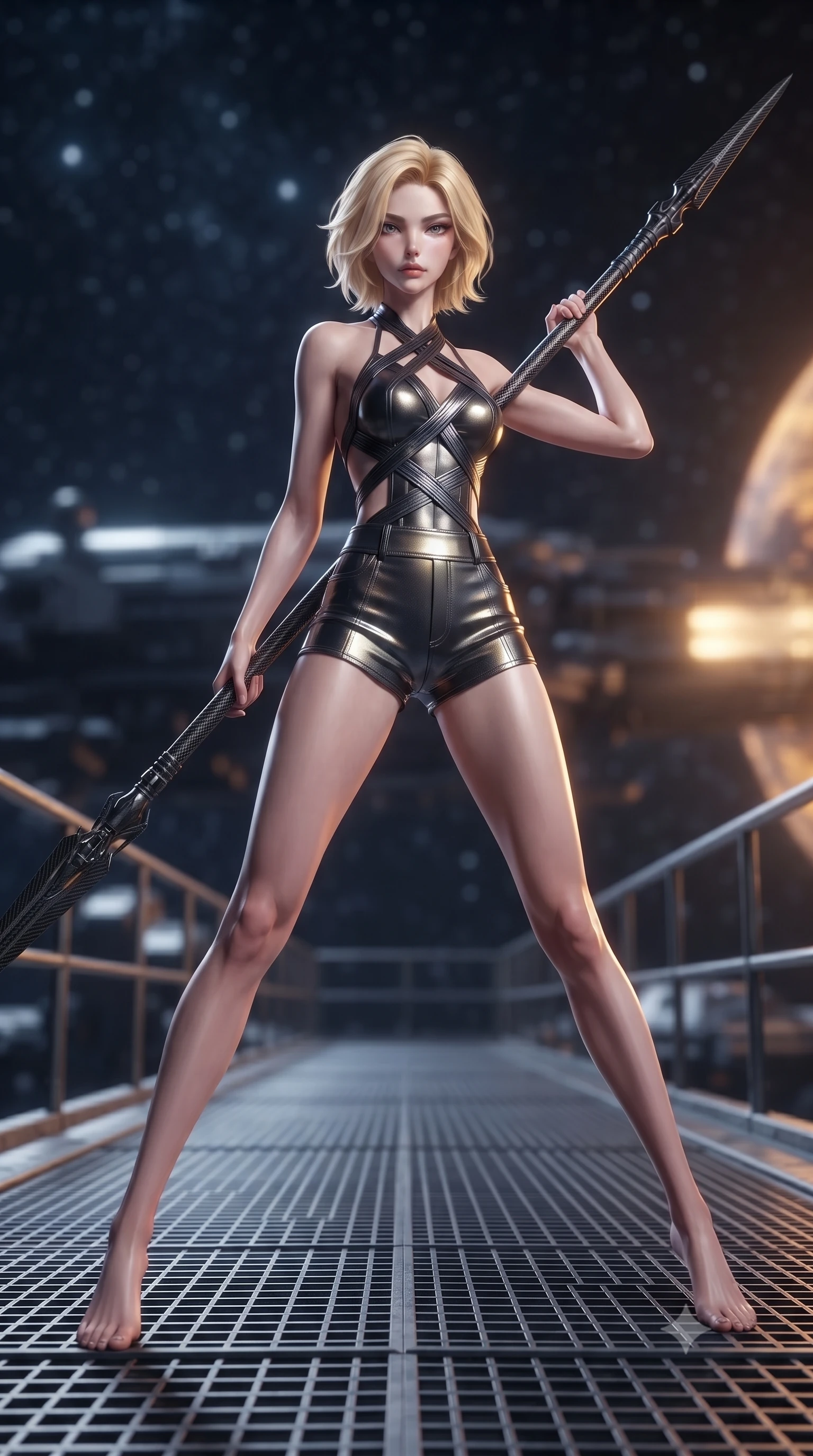 score_9, masterpiece, best quality, ultra-detailed, high-budget anime keyframe, editorial fashion photography, tasteful artistic composition, Caucasian woman. low angle full-body shot from head to toe showing her feet, filling the entire 9:16 vertical frame with her statuesque presence, stretching her vertical silhouette. standing in a dynamic combat stance with a carbon-fiber spear held diagonally, stretching her statuesque body, the background shows a soft-focus a citadel catwalk made of carbon-fiber grids and steel railings in space. She has an absolutely perfect, statuesque 8.5-heads proportion, an exceptionally tall and slender model-like female figure with impossibly long slender legs and an ultra-slim waist. sharp v-shaped jawline, high-bridge nose, intricate jewel-like eyes with depth, thick eyelashes, glossy lips with a natural sheen. wearing a tailored backless halter-neck combat top with criss-cross strapping, paired with carbon-alloy micro-shorts. starlight and the warm amber glow of planetary holograms on her form. ultra-reflective glossy finish, specular highlights, metallic sheen, high-contrast stereoscopic depth, volumetric dynamic lighting, 2k, ultra detail, master piece, 9:16 ratio