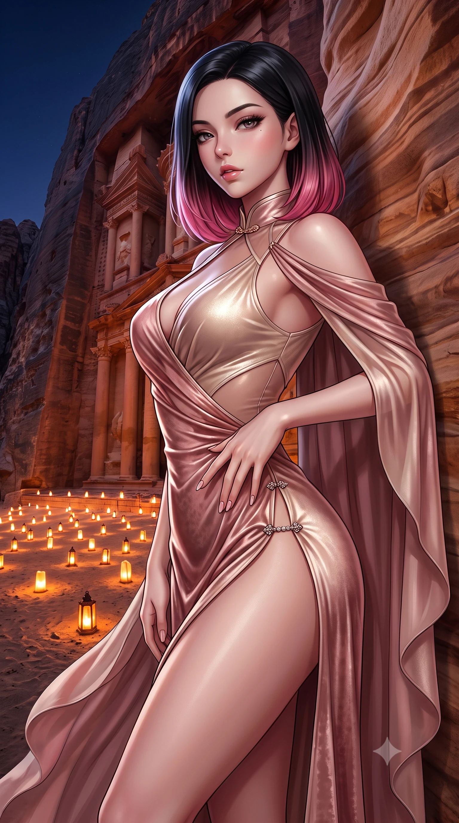 score_9, masterpiece, best quality, ultra-detailed, high-budget anime keyframe, semi-realistic 3D game render, editorial fashion photography, tasteful artistic composition, Korean woman. close-up cowboy shot from the waist and thighs up, the character dominates the composition, filling the frame with her large presence. resting one manicured hand delicately on her hip bone, her upper body turning in a fluid, seductive S-curve while parted lips glisten in the light while leaning back against the striated sandstone canyon wall with hips cocked back, glancing over her shoulder with an alluring, enigmatic desert-queen gaze. The surrounding environment is rendered in vivid detail and crisp panoramic clarity. detailed silk chiffon cape drape, flickering candlelight sheen on skin, and Petra Treasury facade clarity in high resolution. She has an exceptionally elegant, slender, and willowy female figure with an ultra-slim waist, flat toned midriff, narrow ribcage, and sculpted feminine hips creating an alluring, slim hourglass silhouette without bulk. sharp v-shaped jawline, high-bridge nose, intricate jewel-like eyes with depth, thick eyelashes, glossy parted lips with a natural sheen, intensely captivating and seductive bedroom-eyes expression, flawlessly proportioned anatomical accuracy, strict slender model proportions, natural body alignment, perfectly sculpted long slender limbs, ultra-slim waistline, clean dynamic posture without body distortion. wearing a wet-look silk fusion wrap dress with asymmetrical sheer mesh cutouts and high Mandarin collar in dusky blush rose and champagne shimmer, crafted from heavyweight crushed silk velvet with liquid vintage luster, finished with an ultra-high side slit secured by miniature jeweled clasps, the form-contouring material adhering flawlessly to her sculpted flat midriff and slender torso, emphasizing her long leg lines and perfectly proportioned willowy build. bathed in warm flickering glow of hundreds of candle lanterns contrasting with the deep indigo desert night sky. highly saturated vibrant anime colors, detailed shading with soft gradients, rich glossy textures, high-contrast stereoscopic depth, volumetric dynamic lighting, master piece, 9:16 ratio