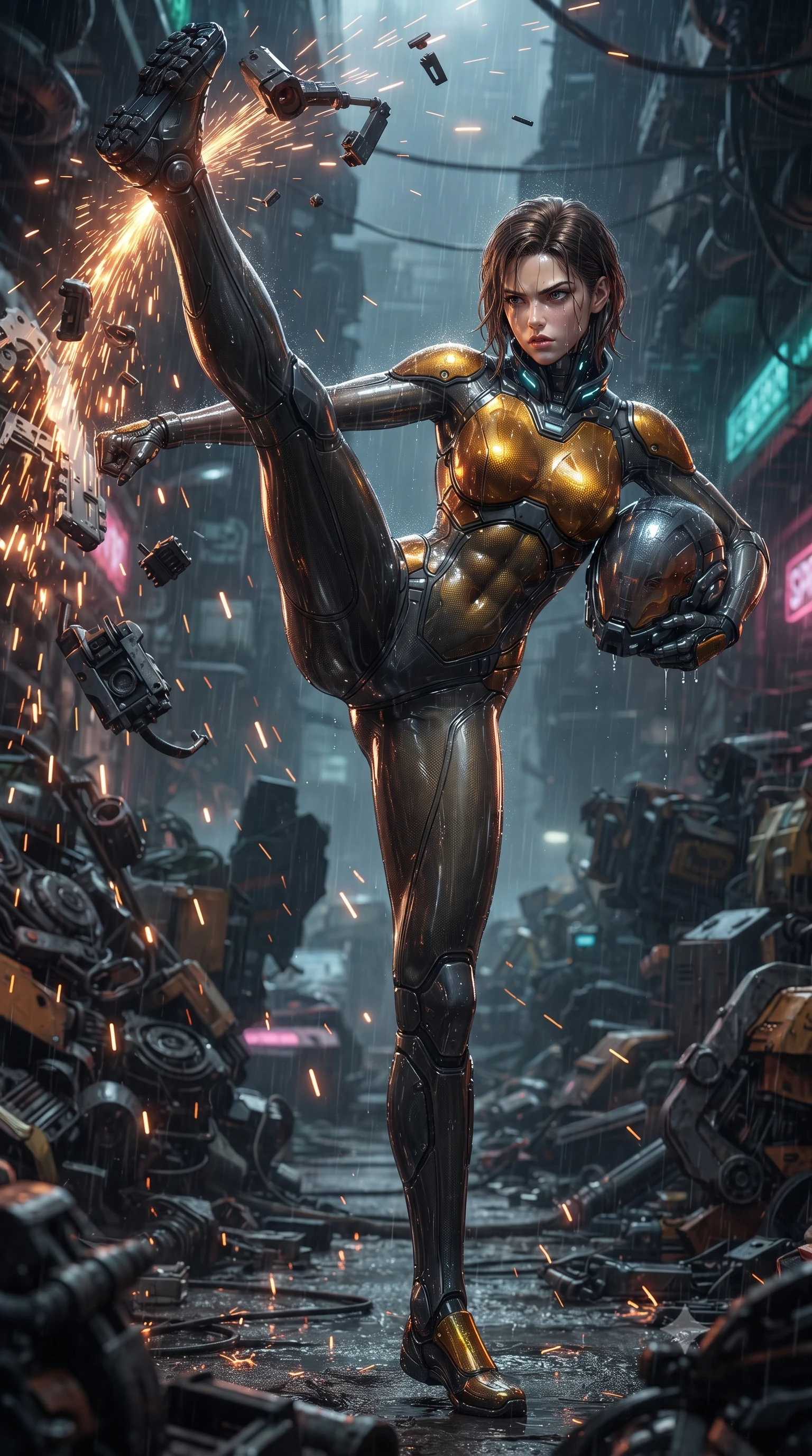 score_9, masterpiece, best quality, ultra-detailed, high-budget anime keyframe, editorial fashion photography, tasteful artistic composition, Korean woman. low angle full-body shot from head to toe showing her feet, filling the entire 9:16 vertical frame with her statuesque presence, stretching her vertical silhouette. executing a breathtaking zero-gravity high-kick with full 180-degree vertical extension, her impossibly long slender legs dominating the frame with razor-sharp poise while delivering a downward kinetic hammer fist that sends discarded mechanical limbs flying in a radial arc of sparks. The surrounding environment is rendered in vivid detail and crisp panoramic clarity. high-contrast industrial chiaroscuro and gritty cyberpunk scrapheap aesthetics captured with sharpness. She has an absolutely perfect, statuesque 8.5-heads proportion, an exceptionally tall and slender model-like female figure with impossibly long slender legs, a toned flat midriff, and an ultra-slim waist. sharp v-shaped jawline, high-bridge nose, intricate jewel-like eyes with depth, thick eyelashes, glossy lips with a natural sheen, fierce and resolute heroine expression, flawlessly proportioned anatomical accuracy, strict slender model proportions, natural body alignment, perfectly sculpted long slender limbs, ultra-slim waistline, clean dynamic posture without body distortion. holding a modular carbon battle-helmet under one arm, her flawless face and sculpted neck exposed to the rain with determined warrior focus, paired with an ultra-sleek high-gloss carbon-composite exoskeleton suit featuring kinetic shock-absorbing shin guards and flexible limb articulation joints in molten amber-gold carbon cuirass with dark gunmetal weave, crafted from semi-translucent cybernetic carbon-vinyl interwoven with glowing micro-filaments, featuring a sleek aerodynamic collar framed by subtle glowing cybernetic status LEDs, the form-contouring material adhering flawlessly to her sculpted flat midriff and slender torso, emphasizing her long leg lines and perfectly proportioned willowy build. illuminated by crisp specular highlights tracing her sculpted flat midriff, bare spine, and slender limbs. ultra-reflective glossy finish, specular highlights, dark metallic sheen, high-contrast stereoscopic depth, volumetric dynamic lighting, 2k, ultra detail, master piece, 9:16 ratio