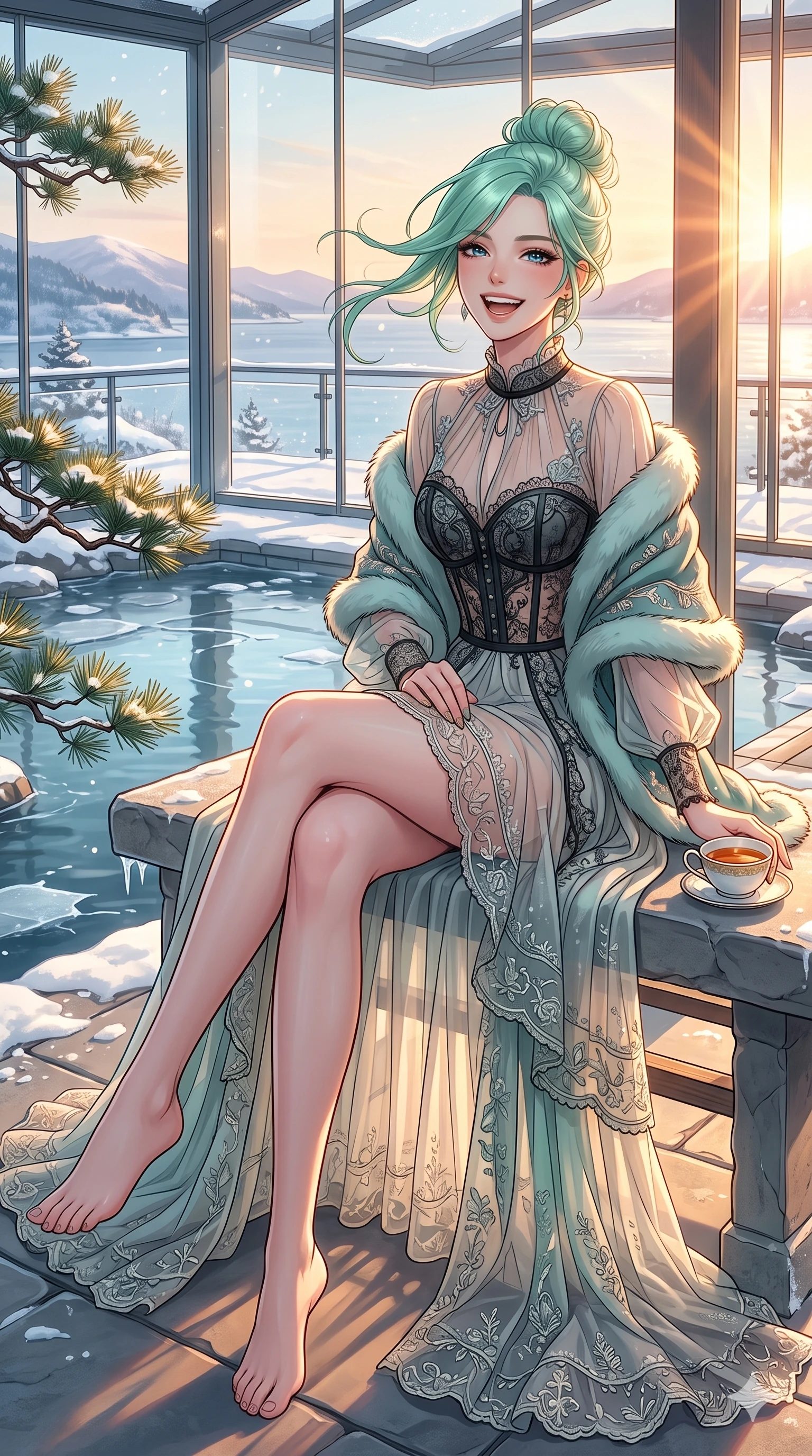 score_9, masterpiece, best quality, ultra-detailed, high-budget anime keyframe, vibrant anime aesthetic, Japanese woman. cowboy shot from the thighs up, character and outfit filling the frame for maximum presence. She is sitting by the garden pond, laughing wind-swept and happy in the winter sunbeams on a glass-walled balcony showing a snowy bay (Code-P21-145). She has an absolutely perfect 8-heads proportion, an exceptionally tall and slender female figure with impossibly long slender legs and an ultra-slim waist. V-shaped jawline, high-bridge nose, intricate jewel-like eyes with depth, thick eyelashes, glossy lips with a natural sheen. wearing a sheer chiffon dress with a black corset bodice in winter. She is bathed in warm golden hour winter sunset light, casting long shadows across her form. 2k, ultra detail, master piece, 9:16 ratio
