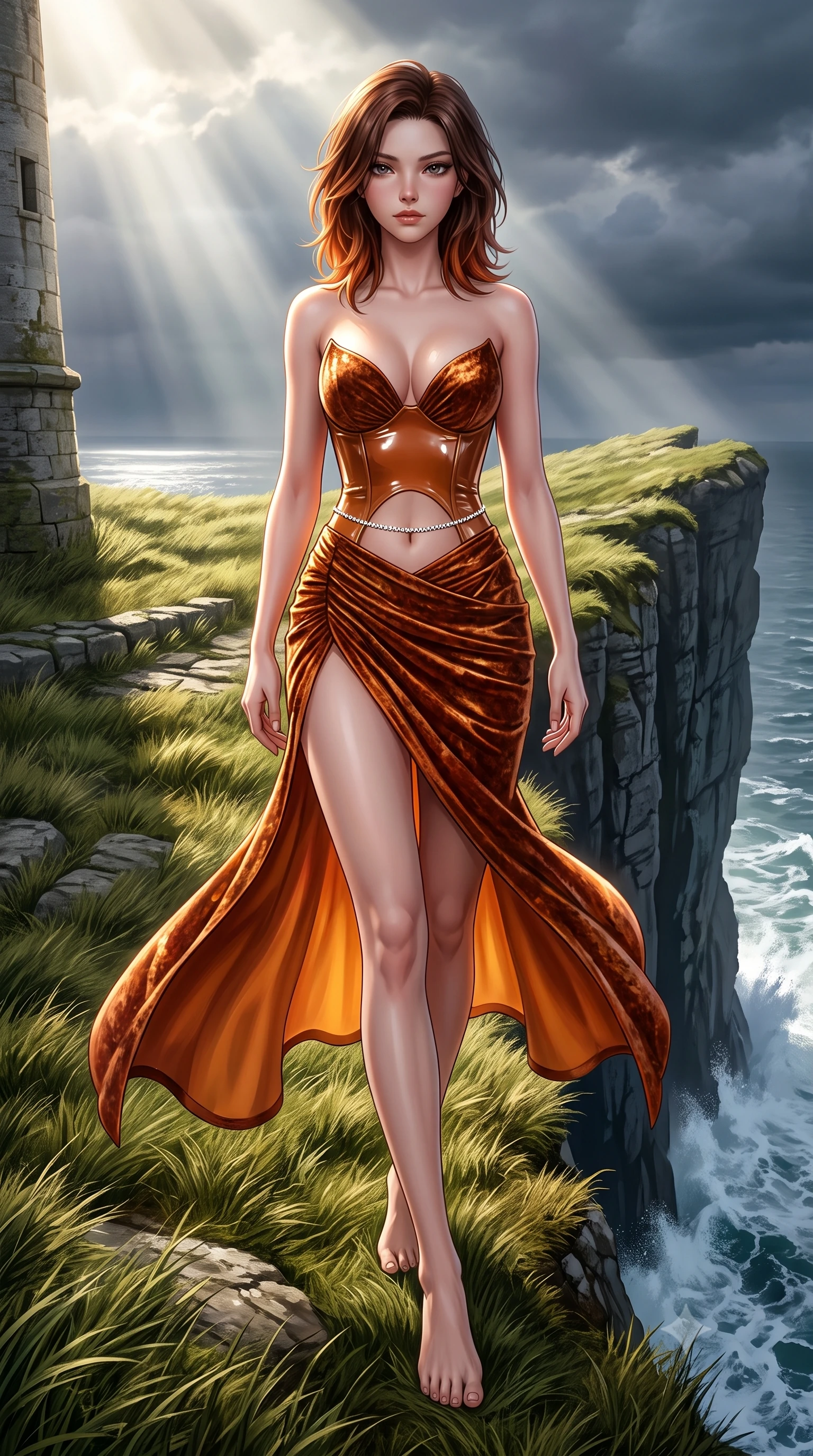 score_9, masterpiece, best quality, ultra-detailed, high-budget anime keyframe, semi-realistic 3D game render, editorial fashion photography, tasteful artistic composition, Korean woman. low angle full-body shot from head to toe showing her feet, filling the entire 9:16 vertical frame with her statuesque presence, stretching her vertical silhouette. striding forward in a proud supermodel runway stride, hips swaying in an alluring kinetic rhythm that accentuates her curvy hourglass silhouette while perching on the grassy cliff edge with legs crossed, her long slender legs and narrow waist highlighted against the sheer 500-meter drop into crashing surf. The surrounding environment is rendered in vivid detail and crisp panoramic clarity. sharp wind-swept turf textures, weathered lighthouse stone seams, and crashing sea foam spray in deep focus. She has an exceptionally tall and slender model-like 8.5-heads proportion, an ultra-slim waist, a flat toned midriff, narrow delicate ribcage, and beautifully sculpted feminine hips creating a graceful, slim hourglass silhouette without any bulky heaviness, with impossibly long slender legs. sharp v-shaped jawline, high-bridge nose, intricate jewel-like eyes with depth, thick eyelashes, glossy parted lips with a natural sheen, intensely captivating and seductive bedroom-eyes expression, flawlessly proportioned anatomical accuracy, strict slender model proportions, natural body alignment, perfectly sculpted long slender limbs, ultra-slim waistline, clean dynamic posture without body distortion. wearing a deep sweetheart neckline crushed velvet corseted ballgown with an exposed midriff cutout in rich copper bronze and warm amber, tailored from second-skin aerodynamic stretch vinyl with specular wet sheen, accented with a dainty diamond waist chain catching the ambient light reflections, the second-skin form-contouring cut accentuating her sculpted flat midriff, narrow delicate ribcage, and gracefully curvy hips with supermodel precision. bathed in dramatic god-ray sunlight piercing through dark Atlantic storm clouds onto the cliff ridge. highly saturated vibrant anime colors, detailed shading with soft gradients, rich glossy textures, high-contrast stereoscopic depth, volumetric dynamic lighting, master piece, 9:16 ratio