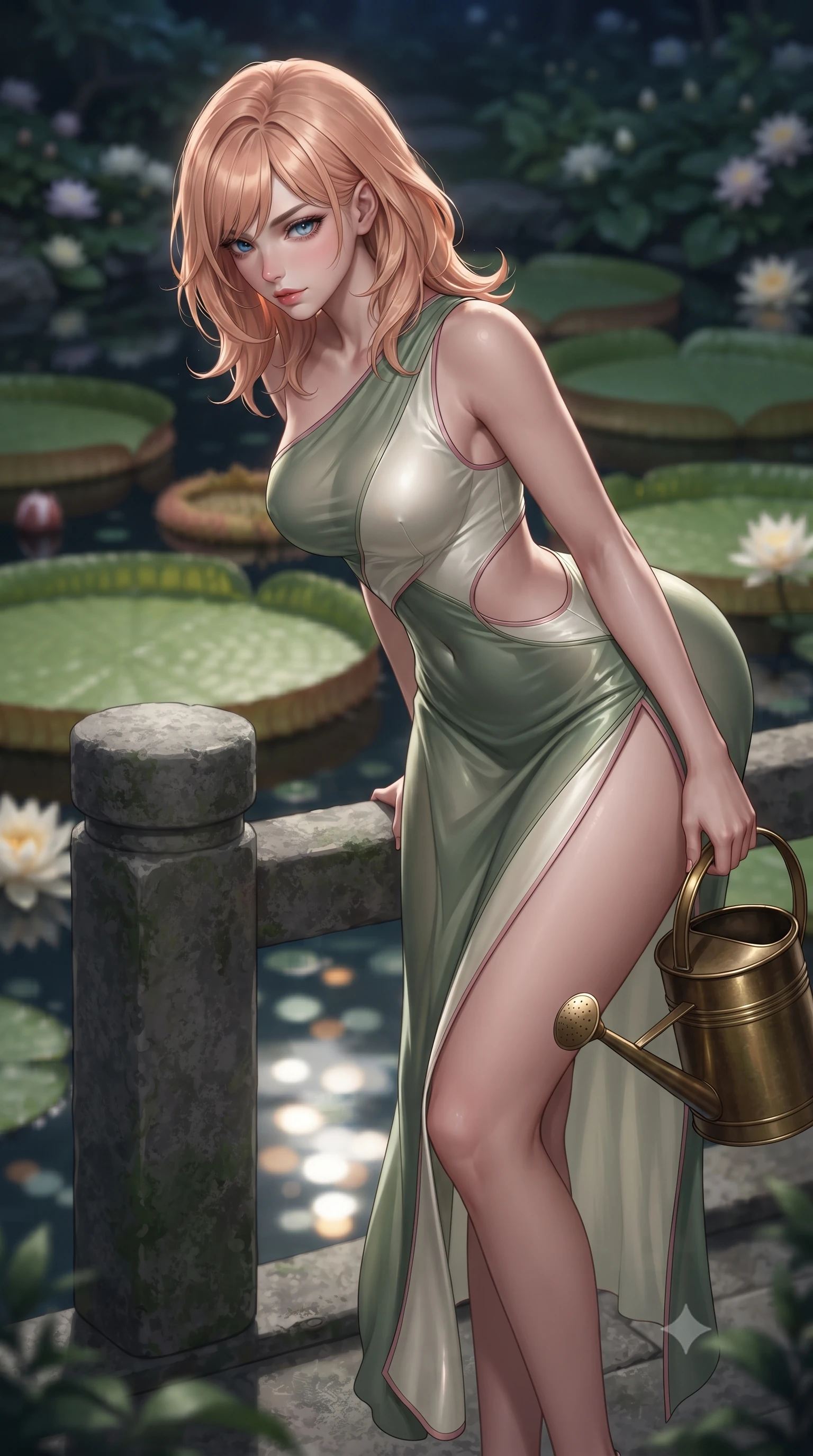 score_9, masterpiece, best quality, ultra-detailed, high-budget anime keyframe, editorial fashion photography, tasteful artistic composition, Japanese woman. close-up cowboy shot from the waist and thighs up, the character dominates the composition, filling the frame with her large presence. leaning forward while arching her lower back to accentuate her curvy hips, looking into the camera with an intoxicating smoldering gaze and bedroom-eyes while leaning against the stone bridge pillar with hips cocked back, looking into the mirror-like water with an alluring, smoldering gaze. The background shows a soft-focus colossal six-foot circular Victoria amazonica lily pads, blooming night-scented flowers, and water reflections blurred into seafoam, ivory, and amber bokeh. She has an exceptionally elegant, slender, and willowy female figure with an ultra-slim waist, flat toned midriff, narrow ribcage, and sculpted feminine hips creating an alluring, slim hourglass silhouette without bulk. sharp v-shaped jawline, high-bridge nose, sparkling eyes with hypnotic seductive depth, thick curled eyelashes, glossy parted lips with a natural dewy peach sheen, alluring bedroom-eyes with an enchanting coquettish smile, exuding magnetic siren charisma and sophisticated glamour, flawlessly proportioned anatomical accuracy, strict slender model proportions, natural body alignment, perfectly sculpted long slender limbs, ultra-slim waistline, clean dynamic posture without body distortion. wearing an asymmetric one-shoulder liquid jersey nymph dress with dramatic hip-high slit and waist cutout in botanical sage green and pure pearlescent ivory with rose trims, made of semi-opaque stretch illusion mesh with soft shadowy contours, finished with an antique brass watering can held casually at her side, the form-contouring silhouette accentuating her sculpted flat midriff, narrow delicate ribcage, and gracefully curvy hips with intoxicating allure. illuminated by water reflection fill and sharp silvery-gold rim lights defining her razor-sharp jawline, narrow waist, and curvy hips. ultra-reflective glossy finish, specular highlights, rich textural contrasts, high-contrast stereoscopic depth, volumetric dynamic lighting, 2k, ultra detail, master piece, 9:16 ratio