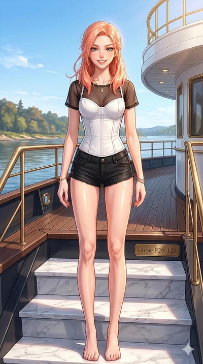 score_9, masterpiece, best quality, ultra-detailed, high-budget anime keyframe, vibrant anime aesthetic, Japanese woman. cowboy shot from the thighs up, character and outfit filling the frame for maximum presence. She is standing on the marble steps,