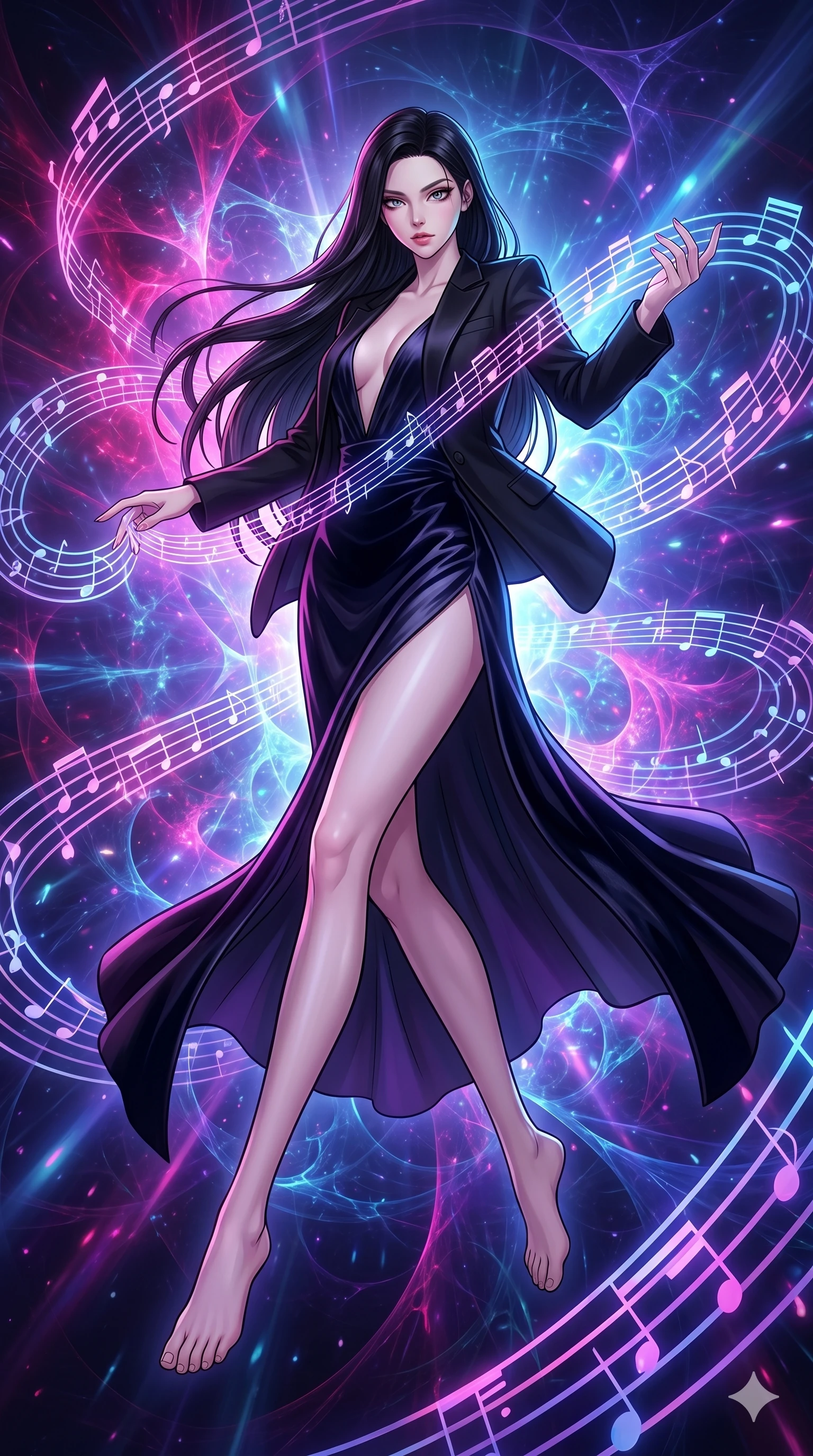 score_9, masterpiece, best quality, ultra-detailed, high-budget anime movie keyframe, cinematic anime lighting, intricate line art, Korean woman. Dynamic full-body shot stretching the vertical silhouette with extreme perspective. weaving a symphony of light and sound in a digital void. She has an absolutely perfect 8-heads proportion, an exceptionally tall and slender female figure with an ultra-slim waist and impossibly long slender legs. strictly human anatomy, two legs only, no extra limbs, clearly defined legs and arms, perfect anatomy, perfect hands and fingers. sharp v-shaped jawline, high-bridge nose, intricate jewel-like eyes, thick eyelashes, glossy lips. Wearing High-Fashion Editorial: Silk slip dress with high side slit, backless velvet gown, and structured blazer with nothing underneath. The scene is illuminated by dramatic atmospheric lighting and vibrant color palettes. , 2k, ultra detail, master piece, 9:16 ratio