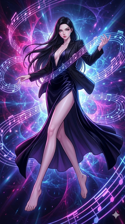score_9, masterpiece, best quality, ultra-detailed, high-budget anime movie keyframe, cinematic anime lighting, intricate line art, Korean woman. Dynamic full-body shot stretching the vertical silhouette with extreme perspective. weaving a symphony o