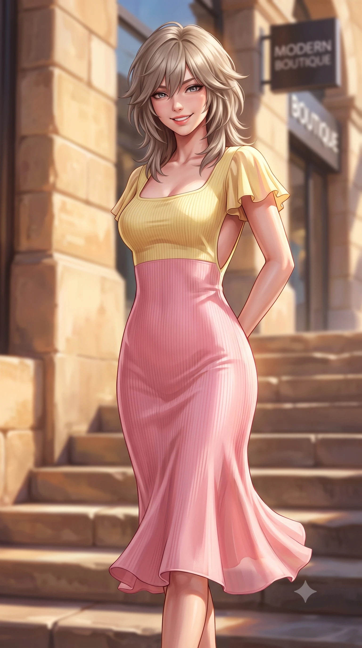 score_9, masterpiece, best quality, ultra-detailed, high-budget anime keyframe, semi-realistic 3D game render, editorial fashion photography, tasteful artistic composition, Japanese woman. close-up cowboy shot from the waist and thighs up, the character dominates the composition, filling the frame with her large presence. resting both hands lightly behind her back while leaning toward the lens with a cheerful, teasing grin, her form-fitting outfit hugging her narrow waist and feminine hip curve while walking down the sunlit stone steps with sovereign supermodel grace, her tailored outfit hugging her narrow waist and feminine hips. The composition keeps background elements in soft focus with dreamy creamy bokeh. sun-dappled stone steps and modern boutique signage softened in stylish urban shallow focus. She has an exceptionally elegant, slender, and willowy female figure with an ultra-slim waist, flat toned midriff, narrow ribcage, and sculpted feminine hips creating an alluring, slim hourglass silhouette without bulk. sharp v-shaped jawline, high-bridge nose, intricate jewel-like sparkling eyes with depth, thick eyelashes, glossy parted lips with a natural peach sheen, bright cheerful beaming smile with an enchanting and coquettish sensual glint, exuding both youthful cute charm and seductive allure, flawlessly proportioned anatomical accuracy, strict slender model proportions, natural body alignment, perfectly sculpted long slender limbs, ultra-slim waistline, clean dynamic posture without body distortion. wearing a form-contouring ribbed knit bodycon midi dress with an open back scoop descending to the base of her spine in sweet strawberry milk pink and butter yellow, tailored from fine lightweight chiffon that flutters gently in the breeze, featuring elegant flutter sleeves and a graceful square neckline, the form-contouring cut accentuating her sculpted flat midriff, narrow delicate ribcage, and gracefully curvy hips with supermodel precision. bathed in glorious golden hour afternoon sunlight reflecting off warm stone facades. highly saturated vibrant anime colors, detailed shading with soft gradients, rich glossy textures, high-contrast stereoscopic depth, volumetric dynamic lighting, master piece, 9:16 ratio