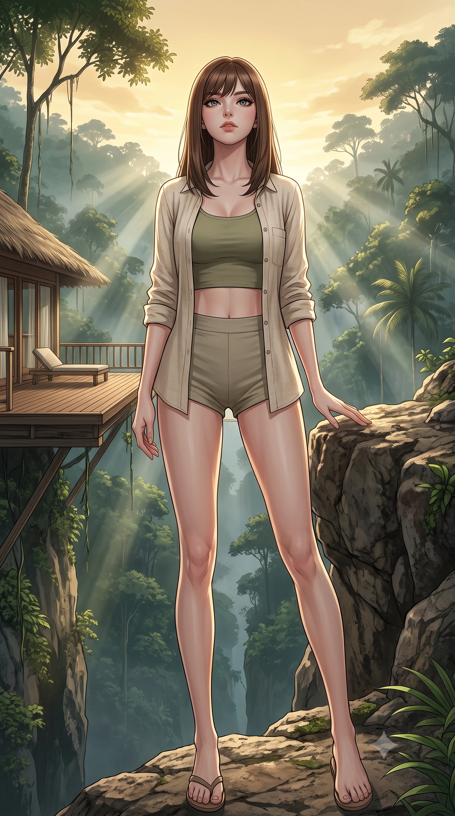 score_9, masterpiece, best quality, ultra-detailed, high-budget anime keyframe, editorial fashion photography, tasteful artistic composition, Korean woman woman. low angle full-body shot from head to toe showing her feet, filling the entire 9:16 vertical frame with her statuesque presence, stretching her vertical silhouette. standing proud on a scenic cliff overlooking the valley, her silhouette framed by the golden sky the background shows a soft-focus a wooden villa deck suspended high in the canopy of a tropical rainforest with misty air. She has an absolutely perfect, statuesque 8.5-heads proportion, an exceptionally tall and slender model-like female figure with impossibly long slender legs and an ultra-slim waist. sharp v-shaped jawline, high-bridge nose, intricate jewel-like eyes with depth, thick eyelashes, glossy lips with a natural sheen. wearing a body-hugging lightweight open-front linen shirt over a crop top and micro-shorts. sunbeams slicing through the damp forest air, creating volumetric light rays. 2k, ultra detail, master piece, 9:16 ratio