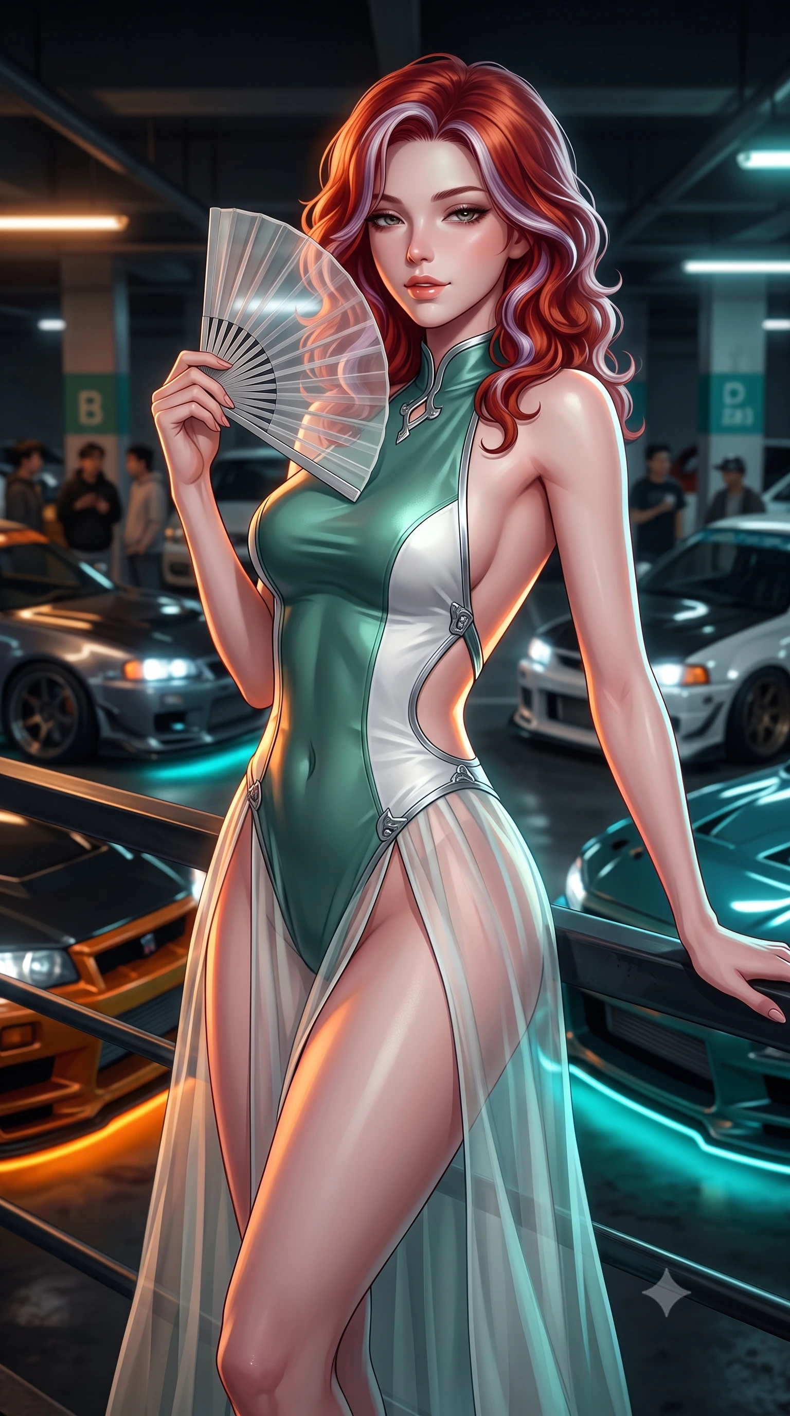 score_9, masterpiece, best quality, ultra-detailed, high-budget anime keyframe, semi-realistic 3D game render, editorial fashion photography, tasteful artistic composition, Caucasian woman. close-up cowboy shot from the waist and thighs up, the character dominates the composition, filling the frame with her large presence. leaning back against the balustrade with relaxed seductive grace, head tilted back slightly while casting a hypnotic, heavy-lidded gaze while twisting her slender torso in an alluring S-curve, sodium parking lights and car underglow tracing her narrow waist and curvy hips. The background shows a soft-focus gathering car enthusiasts softened in legendary Japanese automotive shallow focus. She has an exceptionally elegant, slender, and willowy female figure with an ultra-slim waist, flat toned midriff, narrow ribcage, and sculpted feminine hips creating an alluring, slim hourglass silhouette without bulk. sharp v-shaped jawline, high-bridge nose, sparkling eyes with hypnotic seductive depth, thick curled eyelashes, glossy parted lips with a natural dewy peach sheen, alluring bedroom-eyes with an enchanting coquettish smile, exuding magnetic siren charisma and sophisticated glamour, flawlessly proportioned anatomical accuracy, strict slender model proportions, natural body alignment, perfectly sculpted long slender limbs, ultra-slim waistline, clean dynamic posture without body distortion. wearing a liquid-tight backless silk halter leotard styled with a sheer wrap overskirt revealing her long slender legs and hip curve in moonlit jade green and pure alabaster white with silver accents, woven from buttery-soft stretch lambskin leather adhering to her body like a second skin, finished with a transparent silk folding fan held gracefully near her glossy parted lips, the precision-cut side openings and low-back scoop framing her graceful spine and the sensual sweep of her slim, toned hips. illuminated by car hood specular bounce and sharp platinum rim lights sculpting her razor-sharp jawline, flat midriff, and curvaceous hips. highly saturated vibrant anime colors, detailed shading with soft gradients, rich glossy textures, high-contrast stereoscopic depth, volumetric dynamic lighting, master piece, 9:16 ratio