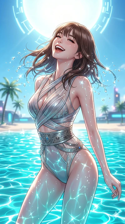 score_9, masterpiece, best quality, ultra-detailed, high-budget anime keyframe, editorial fashion photography, tasteful artistic composition, Korean woman. Upper body close-up from the thighs up, character filling the screen for maximum presence. She
