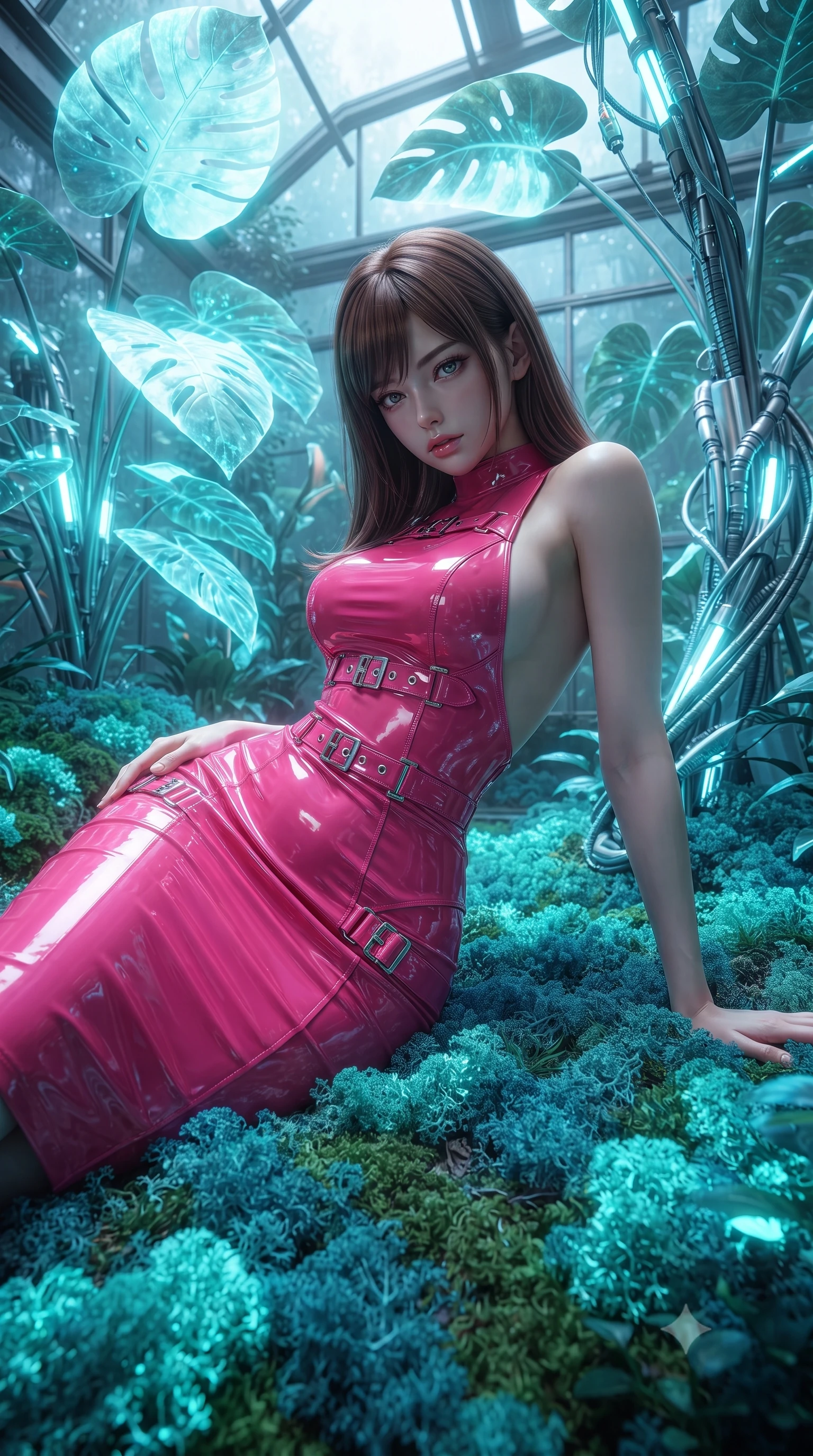 score_9, masterpiece, best quality, ultra-detailed, High-budget Anime Keyframe, editorial fashion photography, tasteful artistic composition, realistic cosplay photography, East Asian woman. Low angle cowboy shot filling the entire 9:16 frame with her statuesque presence. Scenario 458: lying gracefully on a bed of bioluminescent moss inside a cybernetic greenhouse filled with giant glowing tropical leaves. Her presence is magnetic and overpowering in this high-budget cinematic scene. Outfit 458: a body-hugging hot pink patent leather corset dress with a dramatic backless design and metallic buckles. The clothing is designed to emphasize her exceptionally tall and slender 8-heads proportion. 8-heads proportion, towering silhouette, ultra-slim waist. sharp v-shaped jawline, intricate jewel-like eyes with depth, thick eyelashes, glossy lips. ultra-reflective glossy finish, specular highlights, metallic sheen, high-contrast stereoscopic depth, volumetric dynamic lighting, 2k, ultra detail, master piece, 9:16 ratio