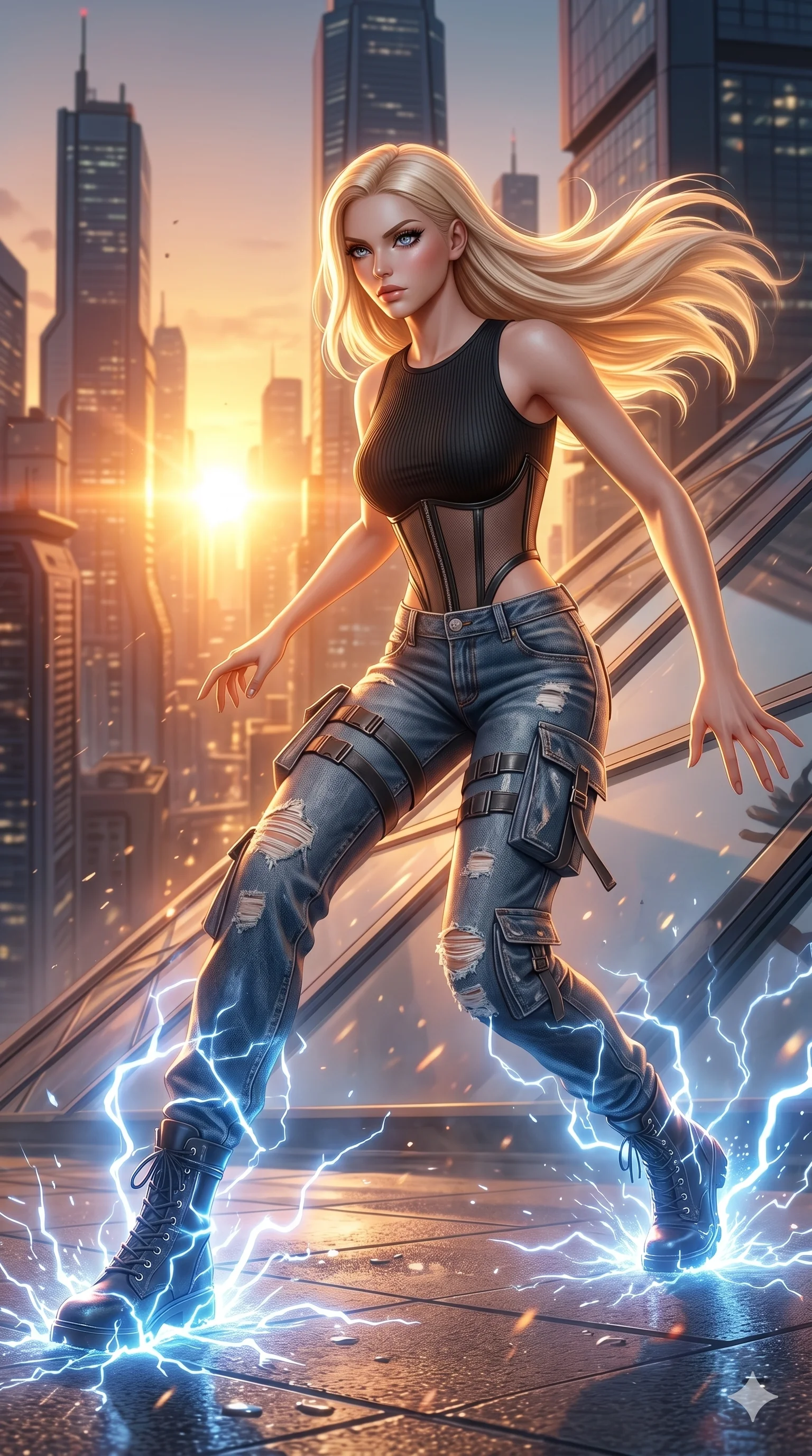 score_9, masterpiece, best quality, ultra-detailed, semi-realistic 3D game render, high-fidelity textures, Unreal Engine 5 style, Caucasian (strictly human ears) woman. Low angle cowboy shot capturing a powerful motion and statuesque presence. striking a powerful combat pose as electricity crackles around her feet. She has an absolutely perfect 8-heads proportion, an exceptionally tall and slender female figure with an ultra-slim waist and impossibly long slender legs. strictly human anatomy, two legs only, no extra limbs, clearly defined legs and arms, perfect anatomy, perfect hands and fingers. sharp v-shaped jawline, high-bridge nose, intricate jewel-like eyes, thick eyelashes, glossy lips. Wearing Urban Trendsetter: Ribbed bodycon dress, crop top with high-waist denim, and sheer corset with cargo pants. The scene is illuminated by dramatic atmospheric lighting and vibrant color palettes. , 2k, ultra detail, master piece, 9:16 ratio