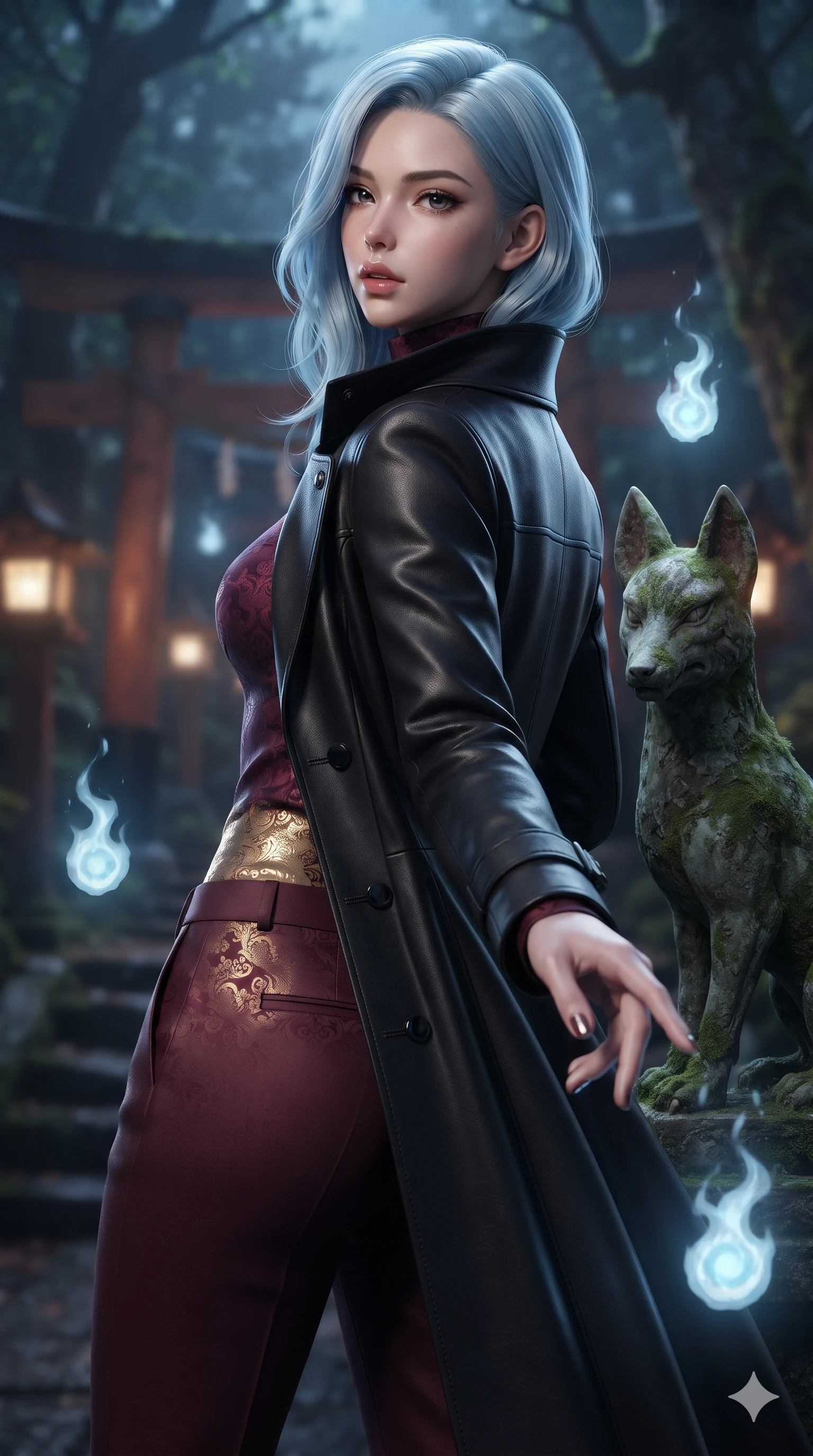 score_9, masterpiece, best quality, ultra-detailed, high-budget anime keyframe, editorial fashion photography, tasteful artistic composition, Korean woman. close-up cowboy shot from the waist and thighs up, the character dominates the composition, filling the frame with her large presence. reaching one hand toward the viewer with relaxed dark elegance, her sculpted waistline catching specular highlights while posing in an alluring rear three-quarter angle beside the weathered moss-covered kitsune, looking over a bare shoulder with parted glossy lips. The background shows a soft-focus mystical Japanese forest shrine softened in spiritual nocturnal shallow focus. She has an exceptionally elegant, slender, and willowy female figure with an ultra-slim waist, flat toned midriff, narrow ribcage, and sculpted feminine hips creating an alluring, slim hourglass silhouette without bulk. sharp v-shaped jawline, high-bridge nose, intricate jewel-like dark sparkling eyes with hypnotic seductive depth, thick curled eyelashes, glossy parted lips with a natural wine sheen, alluring bedroom-eyes with an enigmatic smoldering smile, exuding magnetic sovereign charisma and dark avant-garde glamour, flawlessly proportioned anatomical accuracy, strict slender model proportions, natural body alignment, perfectly sculpted long slender limbs, ultra-slim waistline, clean dynamic posture without body distortion. wearing a structured dark leather long coat over a turtleneck and tailored slacks in deep wine burgundy and lustrous gold foil, tailored from rich silk jacquard with subtle embossed baroque patterns, adorned with minimalist black onyx hardware framing the silhouette, accentuating her gracefully sculpted slender torso and statuesque proportions. surrounded by a mysterious dark spiritual aura with sharp edge lighting and pale blue floating spirit fires. ultra-reflective glossy finish, specular highlights, metallic sheen, high-contrast stereoscopic depth, volumetric dynamic lighting, 2k, ultra detail, master piece, 9:16 ratio