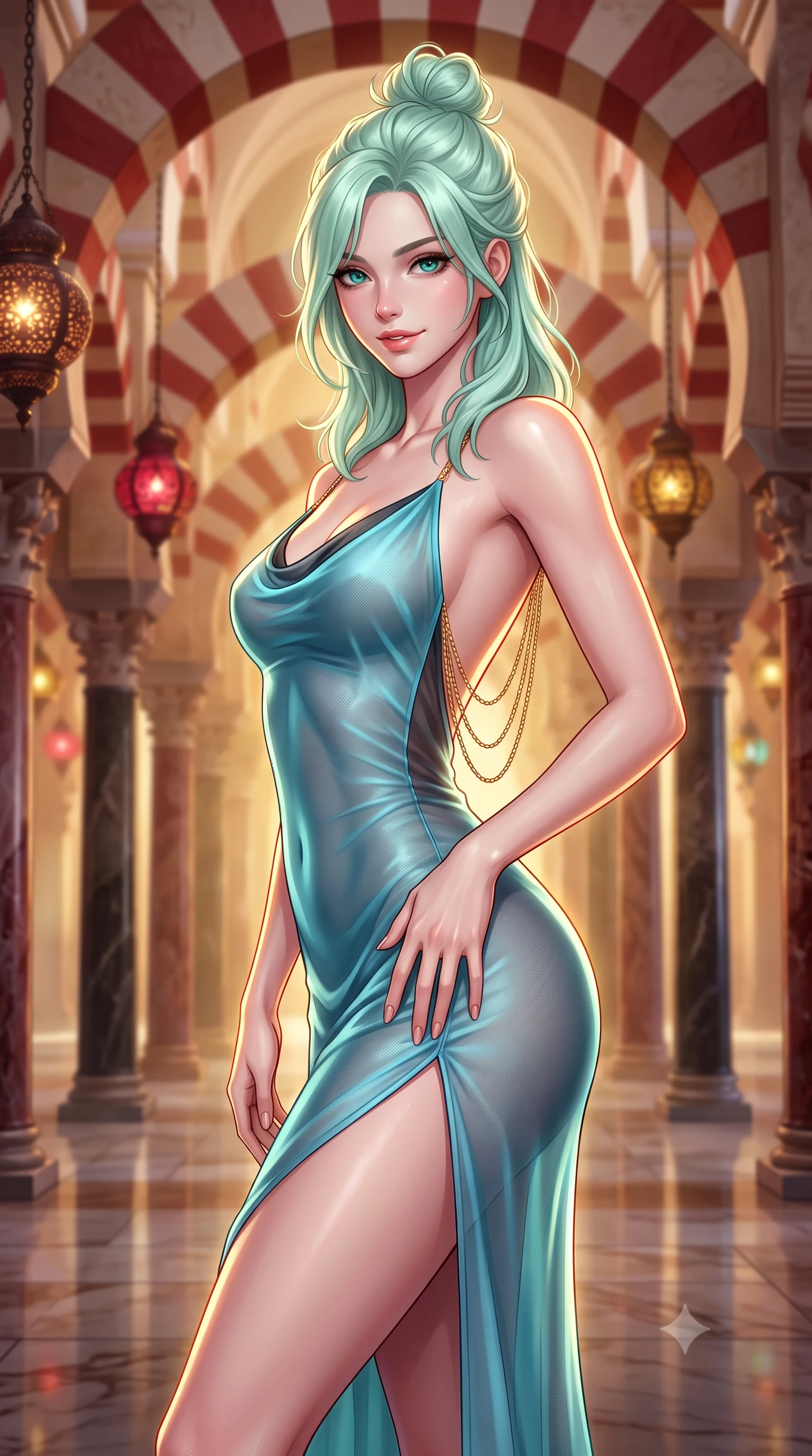 score_9, masterpiece, best quality, ultra-detailed, high-budget anime keyframe, semi-realistic 3D game render, editorial fashion photography, tasteful artistic composition, Japanese woman. close-up cowboy shot from the waist and thighs up, the character dominates the composition, filling the frame with her large presence. tilting her head with a teasing half-smile, running one hand slowly down the side of her hip in a flirtatious S-curve as ambient light caresses her silhouette while standing poised within the endless forest of jasper, onyx, and marble pillars beneath double-tiered red-and-white horseshoe arches, arching her spine with hypnotic diva poise. The background shows a soft-focus endless repeating red-and-white striped horseshoe arches extending into golden haze, hanging pierced oil lamps blurred into ruby, topaz, and amber bokeh. She has an exceptionally elegant, slender, and willowy female figure with an ultra-slim waist, flat toned midriff, narrow ribcage, and sculpted feminine hips creating an alluring, slim hourglass silhouette without bulk. sharp v-shaped jawline, high-bridge nose, intricate jewel-like sparkling eyes with depth, thick eyelashes, glossy parted lips with a natural peach sheen, bright cheerful beaming smile with an enchanting and coquettish sensual glint, exuding both youthful cute charm and seductive allure, flawlessly proportioned anatomical accuracy, strict slender model proportions, natural body alignment, perfectly sculpted long slender limbs, ultra-slim waistline, clean dynamic posture without body distortion. wearing a form-contouring gossamer silk chiffon slip dress with a hip-high slit and open cowl back clinging with dewy moisture in Icelandic geothermal cyan and volcanic basalt obsidian, woven from fine semi-opaque stretch illusion mesh tracing her slender contours, accented with an open-back drape framed by falling strands of delicate gold chains, the second-skin tailored fabric adhering flawlessly to her sculpted flat midriff and slender torso, emphasizing her long leg lines and perfectly proportioned willowy build. illuminated by polished stone floor bounce and sharp flame-gold rim lights defining her dewy collarbones, ultra-slim waist, and curvy hips. highly saturated vibrant anime colors, detailed shading with soft gradients, rich glossy textures, high-contrast stereoscopic depth, volumetric dynamic lighting, master piece, 9:16 ratio