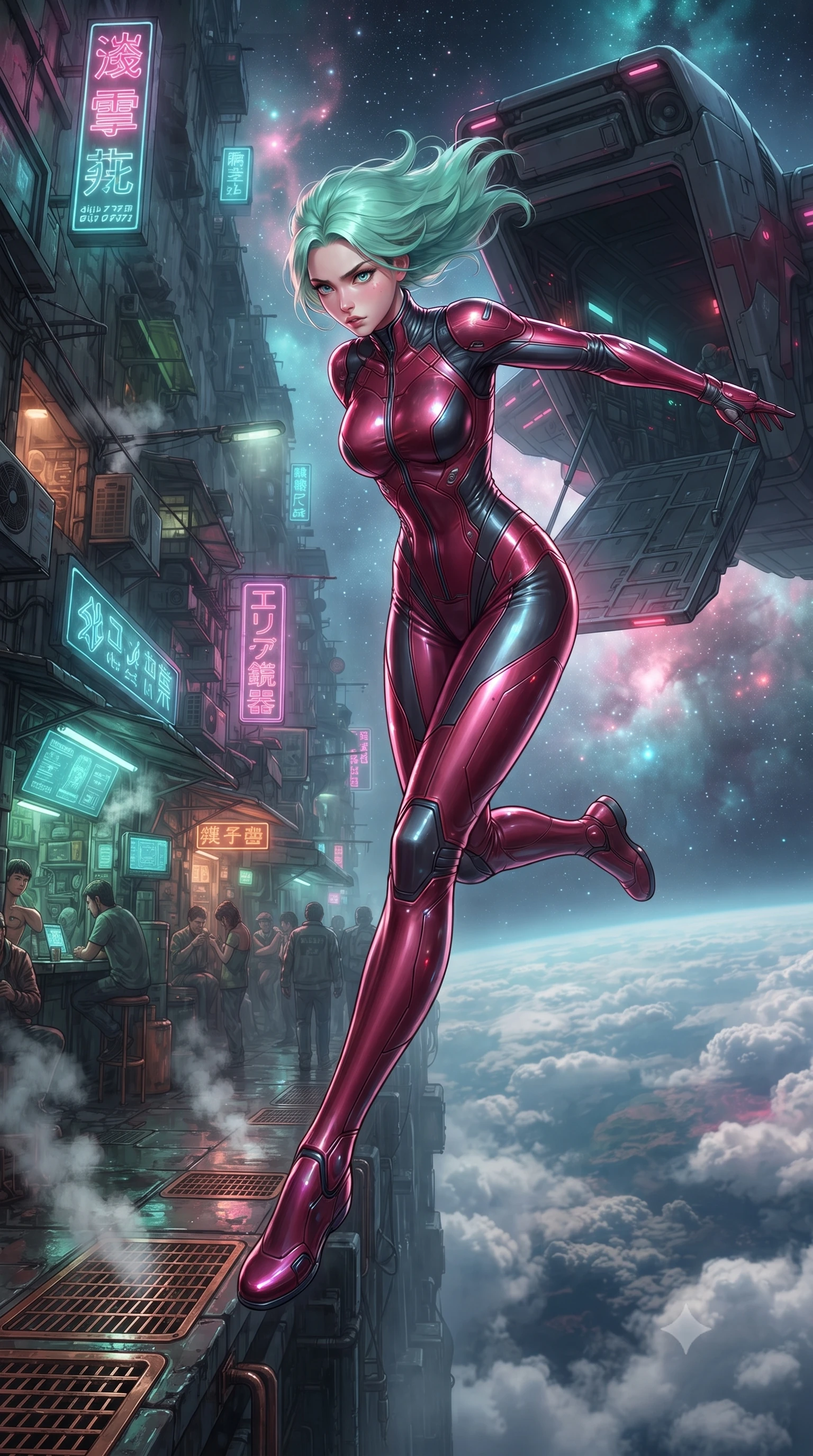 score_9, masterpiece, best quality, ultra-detailed, high-budget anime keyframe, editorial fashion photography, tasteful artistic composition, realistic cosplay photography, Japanese woman. low angle full-body shot from head to toe showing her feet, filling the entire 9:16 vertical frame with her statuesque presence, stretching her vertical silhouette. leaping off a launching drop-ship, diving headfirst toward the cloud tops of an alien world through a damp cyber-slum alleyway crowded with illegal bio-modification booths and steam rising from copper grates. She has a statuesque 8.5-heads proportion, an exceptionally tall, slender and willowy model-like build with impossibly long legs and a highly sculpted ultra-slim waist. sharp v-shaped jawline, high-bridge nose, intricate jewel-like eyes with depth, thick eyelashes, glossy lips with a natural sheen. wearing the lightweight fabric rippling and billowing dramatically with her movement, a slim-fit form-fitting cyber-pilot suit in deep crimson and charcoal panels, with aerodynamic seam lines contouring her slender waist and high collar. starlight and nebula glow casting soft cosmic pink and cyan highlights on her form. ultra-reflective glossy finish, specular highlights, metallic sheen, high-contrast stereoscopic depth, volumetric dynamic lighting, 2k, ultra detail, master piece, 9:16 ratio