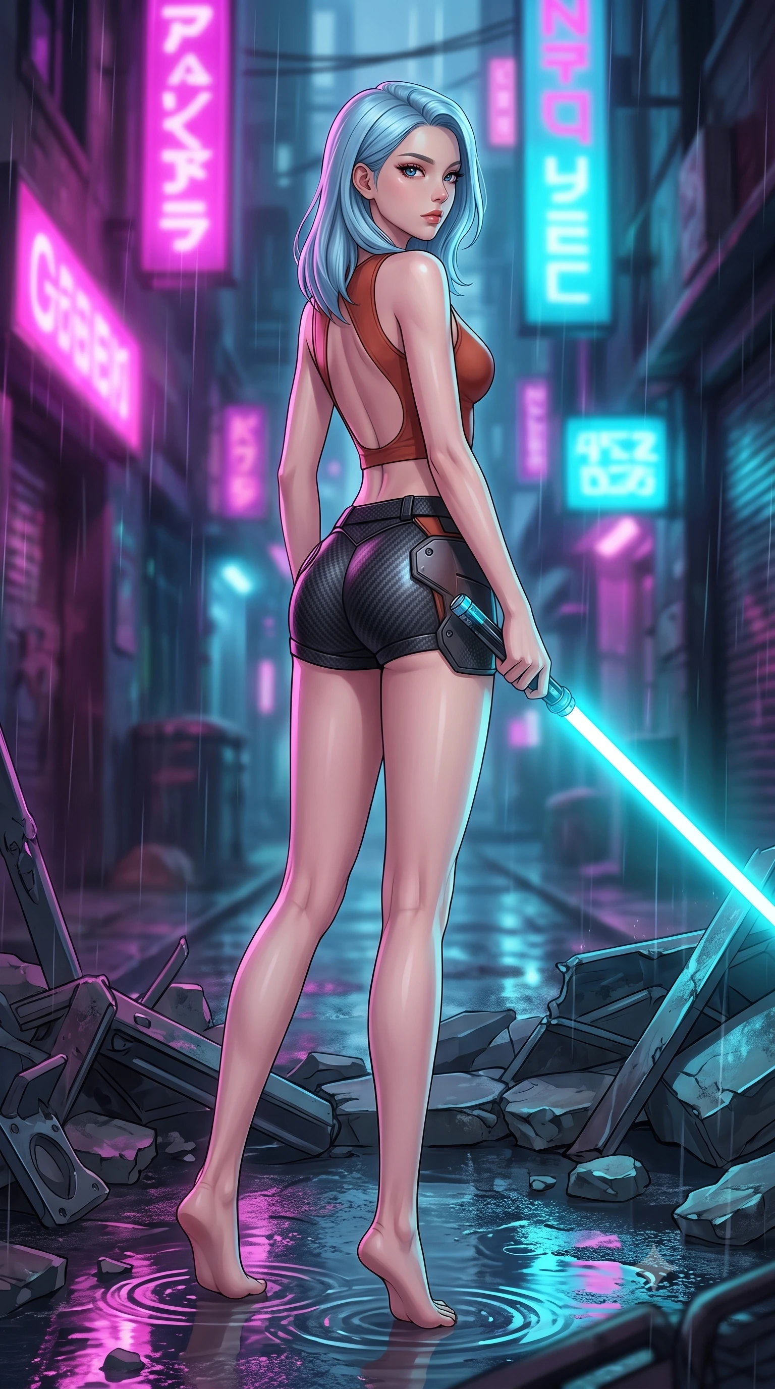 score_9, masterpiece, best quality, ultra-detailed, high-budget anime keyframe, editorial fashion photography, tasteful artistic composition, Korean woman. low angle full-body shot from head to toe showing her feet, filling the entire 9:16 vertical frame with her statuesque presence, stretching her vertical silhouette. stepping gracefully through battlefield debris with a glowing saber hilt in hand, looking back over her shoulder, the background shows a soft-focus a rain-slicked cyberpunk back alley illuminated by flickering neon signs. She has an absolutely perfect, statuesque 8.5-heads proportion, an exceptionally tall and slender model-like female figure with impossibly long slender legs and an ultra-slim waist. sharp v-shaped jawline, high-bridge nose, intricate jewel-like eyes with depth, thick eyelashes, glossy lips with a natural sheen. wearing a slim-fit backless combat top in terracotta red, paired with carbon-fiber micro-shorts. intense magenta and cyan neon lights reflecting off the wet asphalt surface. highly saturated vibrant anime colors, detailed shading with soft gradients, rich glossy textures, high-contrast stereoscopic depth, volumetric dynamic lighting, master piece, 9:16 ratio