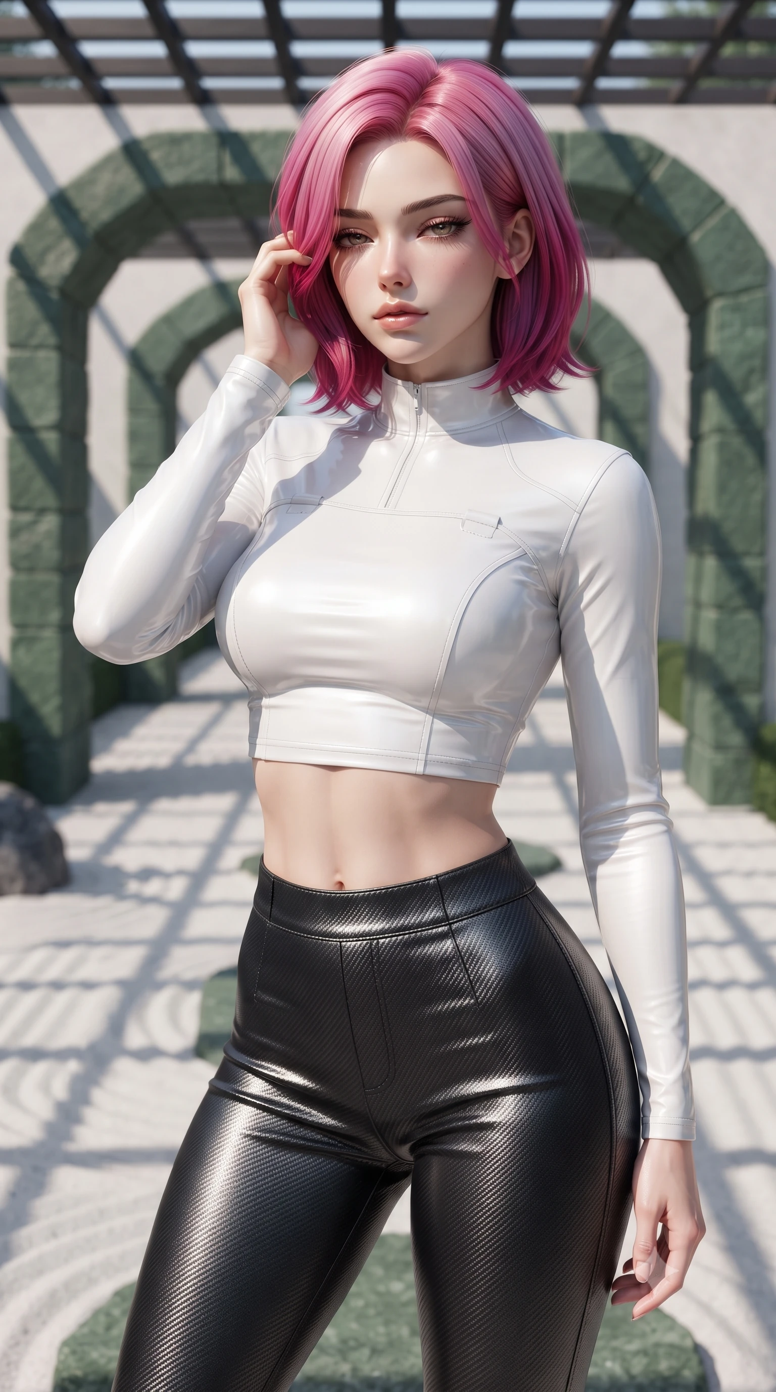 score_9, masterpiece, best quality, ultra-detailed, high-budget anime keyframe, editorial fashion photography, tasteful artistic composition, Caucasian woman. close-up cowboy shot from the waist and thighs up, the character dominates the composition, filling the frame with her large presence, background elements kept in soft focus. gently touching the side of her temple, casting a heavy-lidded, sultry look past the camera, the background shows a soft-focus a rock garden path with raked white sand and structured green stone arches. She has an exceptionally elegant, slender, and willowy female figure with an ultra-slim waist, a gracefully sculpted slender torso, and a refined silhouette. sharp v-shaped jawline, high-bridge nose, intricate jewel-like eyes with depth, thick eyelashes, glossy lips with a natural sheen. wearing a tailored body-hugging long-sleeve tactical crop top in pure white, paired with high-waisted black carbon-weave skinny pants. crisp morning sunlight casting sharp, clean grid shadows across the sand. ultra-reflective glossy finish, specular highlights, metallic sheen, high-contrast stereoscopic depth, volumetric dynamic lighting, 2k, ultra detail, master piece, 9:16 ratio