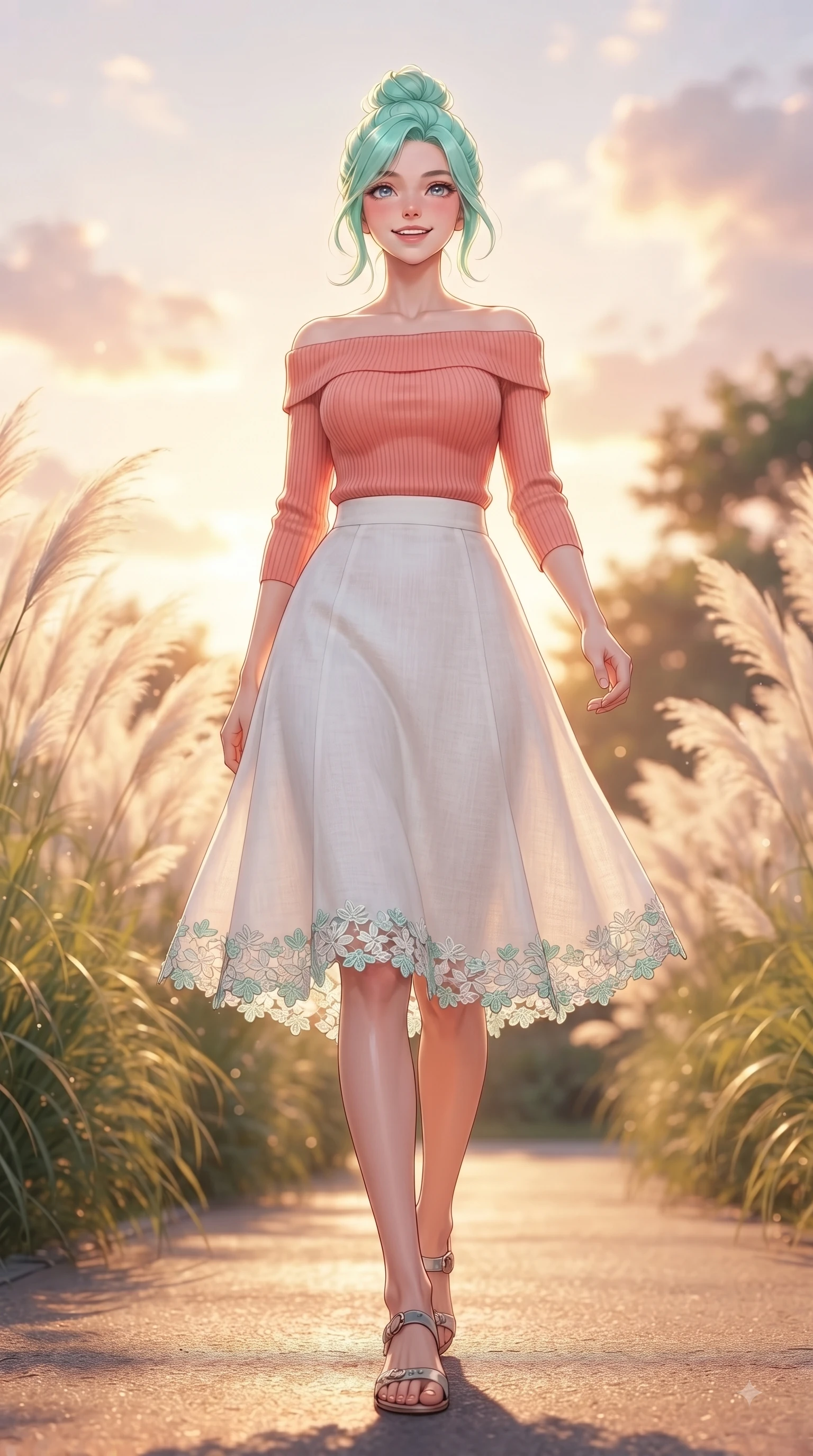 score_9, masterpiece, best quality, ultra-detailed, high-budget anime keyframe, editorial fashion photography, tasteful artistic composition, Japanese woman. low angle full-body shot from head to toe showing her feet, filling the entire 9:16 vertical frame with her statuesque presence, stretching her vertical silhouette. stepping forward gracefully in mid-motion with a delighted cute expression, displaying her statuesque model proportions while walking cheerfully along a park pathway bordered by swaying pampas grass as sunset light paints the sky. The composition keeps background elements in soft focus with dreamy bokeh. swaying pampas grass and glowing sunset clouds softened in a dreamy background focus. She has an absolutely perfect, statuesque 8.5-heads proportion, an exceptionally tall and slender model-like female figure with impossibly long slender legs and an ultra-slim waist. sharp v-shaped jawline, high-bridge nose, intricate jewel-like eyes with depth, thick eyelashes, glossy lips with a natural sheen, flawlessly proportioned anatomical accuracy, natural body alignment, perfectly sculpted elegant limbs, clean dynamic posture without body distortion. wearing a soft coral off-shoulder ribbed knit top paired with a flowy white A-line midi skirt in refreshing mint green and crisp white, crafted from soft breathable linen, complemented by delicate embroidered floral trim along the hem, the tailored casual silhouette highlighting her fresh and youthful presence. surrounded by a serene, uplifting, and romantic park ambiance. ultra-reflective glossy finish, specular highlights, metallic sheen, high-contrast stereoscopic depth, volumetric dynamic lighting, 2k, ultra detail, master piece, 9:16 ratio