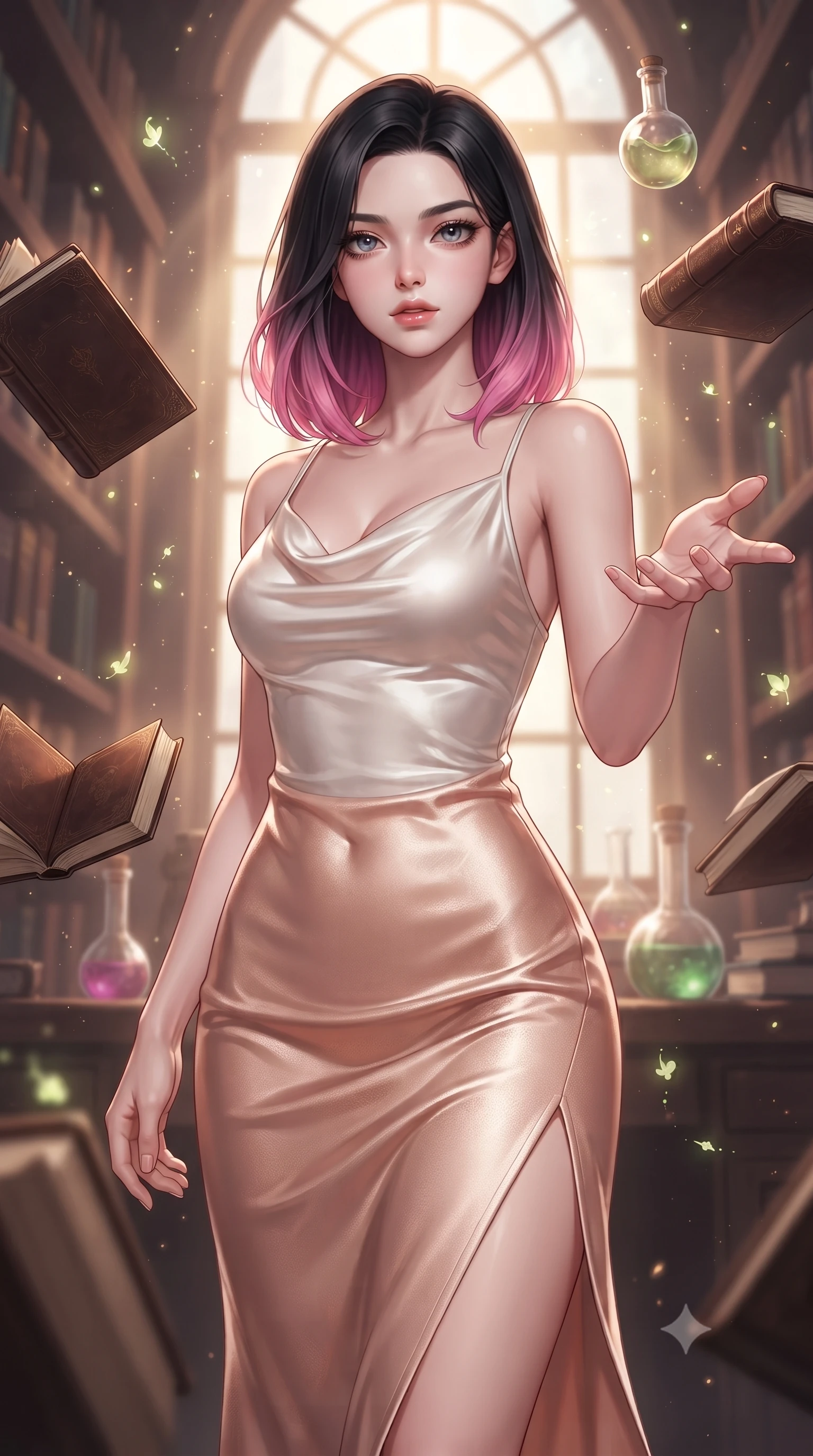 score_9, masterpiece, best quality, ultra-detailed, high-budget anime keyframe, editorial fashion photography, tasteful artistic composition, Korean woman. close-up cowboy shot from the waist and thighs up, the character dominates the composition, filling the frame with her large presence, background elements kept in soft focus. Reaching one hand gracefully toward the viewer with effortless superiority and allure navigating an arcane library with floating leather-bound books and glass flasks, glowing herbal spores drifting in magical sunbeams filtering through glass. She has an exceptionally elegant, slender, and willowy female figure with an ultra-slim waist, a gracefully sculpted slender torso, and a refined silhouette. sharp v-shaped jawline, high-bridge nose, intricate jewel-like eyes with depth, thick eyelashes, glossy lips with a natural sheen. wearing an elegant cowl-neck satin midi dress with a draped neckline in pearl white and rose gold, made of premium stretch velvet with a rich sheen, finished with a sleek side slit ascending to mid-thigh, the tailored fabric tightly following every curve of her athletic build. surrounded by a cozy, magical atmosphere with rich warm tones. highly saturated vibrant anime colors, detailed shading with soft gradients, rich glossy textures, high-contrast stereoscopic depth, volumetric dynamic lighting, master piece, 9:16 ratio