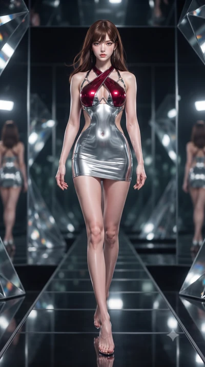 score_9, masterpiece, best quality, ultra-detailed, high-budget anime keyframe, editorial fashion photography, tasteful artistic composition, Korean woman. low angle full-body shot from head to toe showing her feet, filling the entire 9:16 vertical f