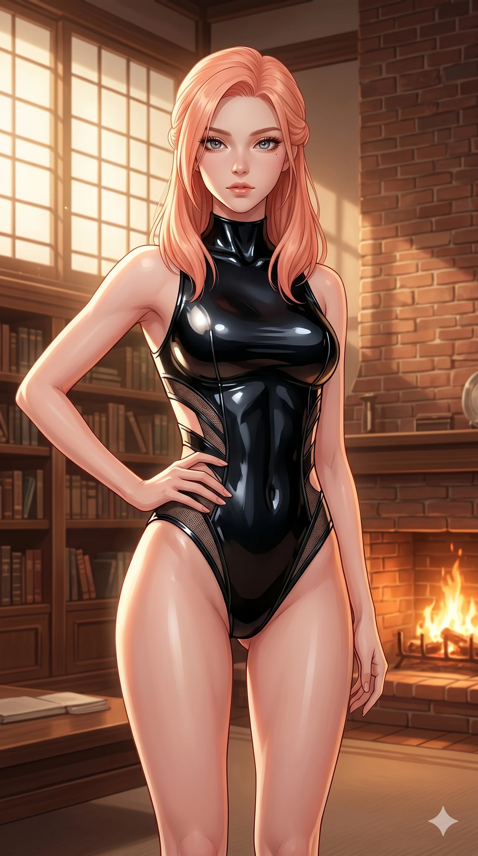 score_9, masterpiece, best quality, ultra-detailed, high-budget anime keyframe, editorial fashion photography, tasteful artistic composition, Japanese woman. cowboy shot from the thighs up, character and outfit filling the frame for maximum editorial presence. resting her hand on her hip, looking directly into the camera with quiet self-assurance inside a cozy library lounge with a roaring brick fireplace (Code-P17-090). She has an absolutely perfect 8-heads proportion, an exceptionally tall and slender female figure with impossibly long slender legs and an ultra-slim waist. V-shaped jawline, high-bridge nose, intricate jewel-like eyes with depth, thick eyelashes, glossy lips with a natural sheen. wearing a sleek latex bodysuit with high-cut leg lines and side cutouts. soft warm morning sunbeams filtering through the paper screens, casting a gentle glow. 2k, ultra detail, master piece, 9:16 ratio