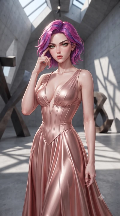 score_9, masterpiece, best quality, ultra-detailed, high-budget anime keyframe, editorial fashion photography, tasteful artistic composition, Caucasian woman, strictly human ears. close-up cowboy shot from the waist and thighs up, the character domin