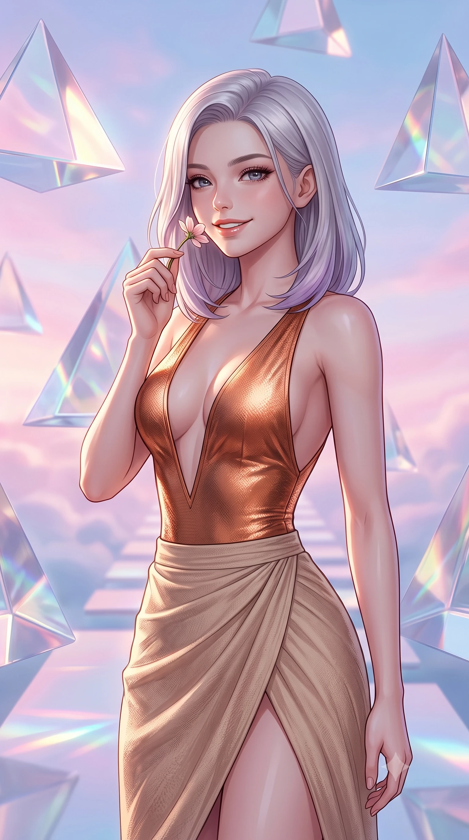 score_9, masterpiece, best quality, ultra-detailed, high-budget anime keyframe, editorial fashion photography, tasteful artistic composition, Caucasian woman, strictly human ears. close-up cowboy shot from the waist and thighs up, the character dominates the composition, filling the frame with her large presence, background elements kept in soft focus. Holding a delicate flower near her cheek, smiling with dreamy happiness. set against a soft-focus background of on a pathway made of solid triangular glass prisms floating in a pastel sky, bending all light that passes through it. She has an exceptionally elegant, slender, and willowy female figure with a highly-defined ultra-slim waist, a gracefully sculpted slender torso, and a refined slim-fit silhouette that contours her form. sharp v-shaped jawline, high-bridge nose, intricate jewel-like eyes with depth, thick eyelashes, glossy lips with a natural sheen. wearing a metallic copper bodysuit with a deep V-cut front, paired with a flowing beige wrap skirt. soft glowing ambient light with sharp side key light tracing the sleek contours of her figure. 2k, ultra detail, master piece, 9:16 ratio