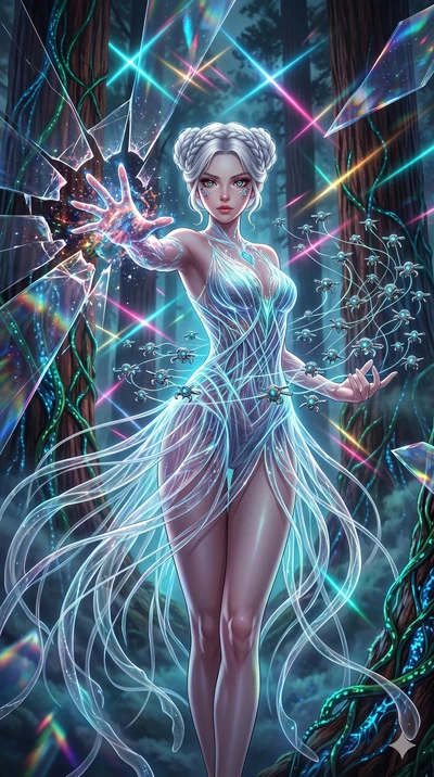 score_9, masterpiece, best quality, ultra-detailed, Set A: High-budget Anime Keyframe, Caucasian (human ears) woman. Upper body close-up from the thighs up, character filling the screen for maximum presence. Theme: Abstract Cosmic. shattering the fab