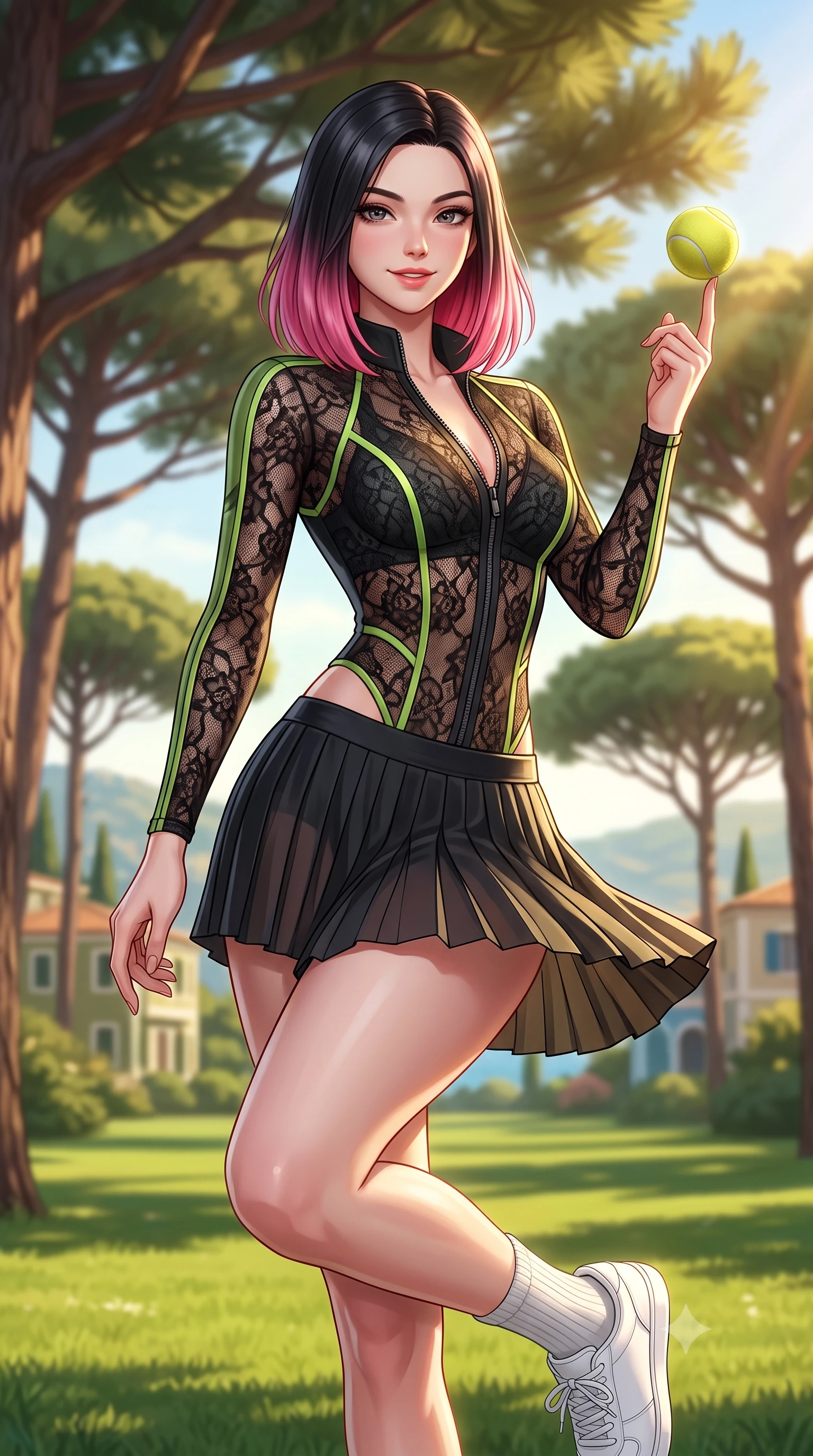 score_9, masterpiece, best quality, ultra-detailed, high-budget anime keyframe, semi-realistic 3D game render, editorial fashion photography, tasteful artistic composition, Korean woman. close-up cowboy shot from the waist and thighs up, the character dominates the composition, filling the frame with her large presence. playfully spinning a tennis ball on her fingertips, her radiant smile capturing fresh girlhood charm while her arched torso reveals an intoxicating hip contour while twisting her slender torso in an alluring contrapposto stance among maritime pines, coastal breezes fluttering her pleated tennis skirt. The background shows a soft-focus soaring umbrella pine canopies, sunlit Mediterranean polo lawns, and coastal villas blurred into olive green, champagne, and azure bokeh. She has an exceptionally elegant, slender, and willowy female figure with an ultra-slim waist, flat toned midriff, narrow ribcage, and sculpted feminine hips creating an alluring, slim hourglass silhouette without bulk. sharp v-shaped jawline, high-bridge nose, sparkling eyes with athletic focus and depth, thick curled eyelashes, glossy parted lips with a natural coral-peach sheen, bright confident and coquettish smile with alluring bedroom-eyes, exuding both youthful sporty vigor and sovereign high-society glamour, flawlessly proportioned anatomical accuracy, strict slender model proportions, natural body alignment, perfectly sculpted long slender limbs, ultra-slim waistline, clean dynamic posture without body distortion. wearing a modern paddock jumpsuit with zip-down front collar and high-cut leg openings in sleek stretch jersey in deep midnight carbon and luminous lime green piping, crafted from sheer delicate stretch lace reinforced with technical sport threads, complemented by ribbed knit crew socks and clean white designer court sneakers, the form-contouring athletic cut accentuating her sculpted flat midriff, narrow delicate ribcage, and gracefully curvy hips with supermodel precision. bathed in horizontal late-afternoon golden hour sunbeams filtering through pine needles. highly saturated vibrant anime colors, detailed shading with soft gradients, rich glossy textures, high-contrast stereoscopic depth, volumetric dynamic lighting, master piece, 9:16 ratio