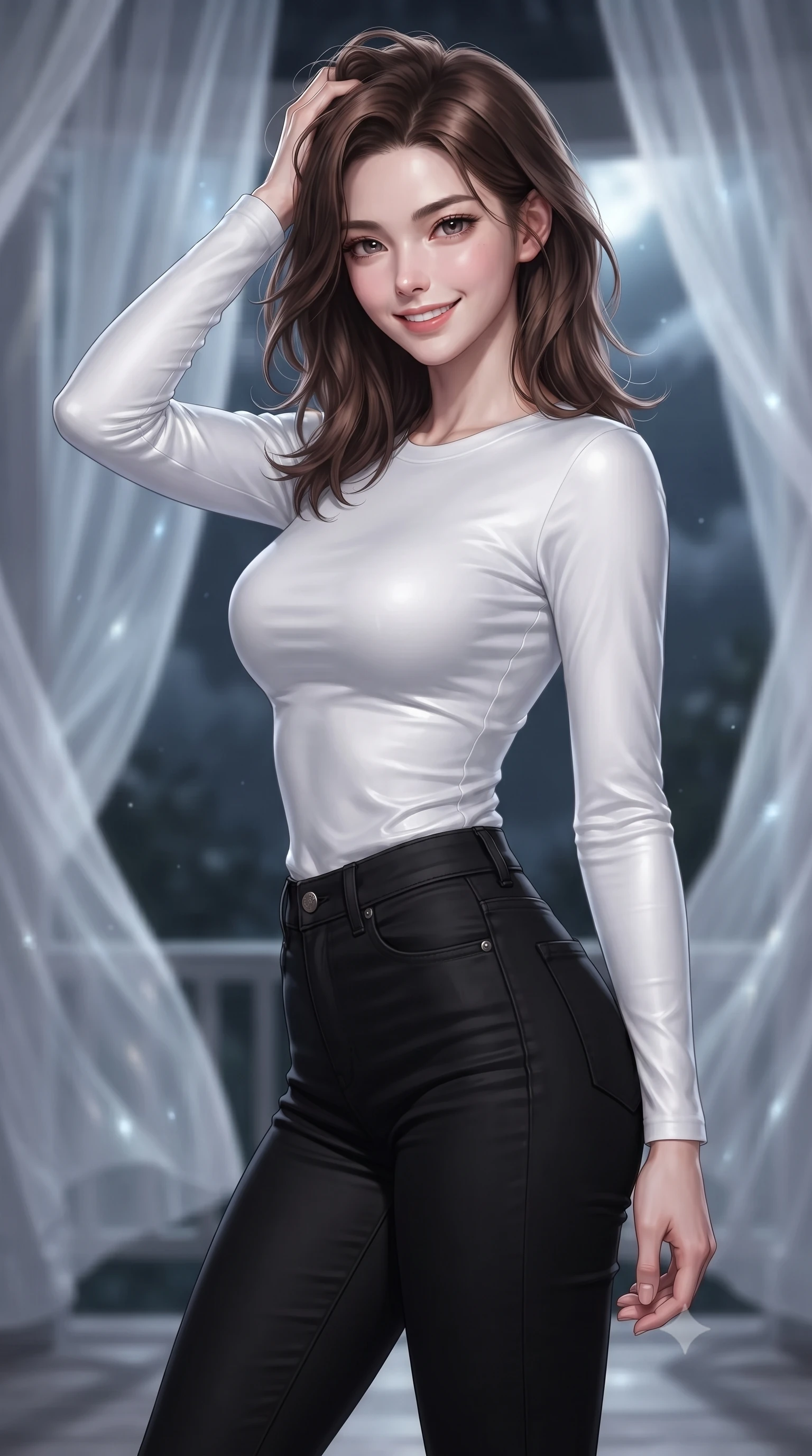 score_9, masterpiece, best quality, ultra-detailed, high-budget anime keyframe, editorial fashion photography, tasteful artistic composition, Korean woman. close-up cowboy shot from the waist and thighs up, the character dominates the composition, filling the frame with her large presence, background elements kept in soft focus. smiling with quiet, magnetic self-assurance directly into the camera, running a hand through her hair the background shows a soft-focus a cloud-top gazebo with sheer white drapes swaying softly in the midnight breeze. She has an exceptionally elegant, slender, and willowy female figure with an ultra-slim waist, a gracefully sculpted slender torso, and a refined silhouette. sharp v-shaped jawline, high-bridge nose, intricate jewel-like eyes with depth, thick eyelashes, glossy lips with a natural sheen. wearing a slim-fit tight-fitting long-sleeve tee in pure white, tucked into high-waisted black skinny pants. soft silver moonlight filtering through white sheer fabric. ultra-reflective glossy finish, specular highlights, metallic sheen, high-contrast stereoscopic depth, volumetric dynamic lighting, 2k, ultra detail, master piece, 9:16 ratio