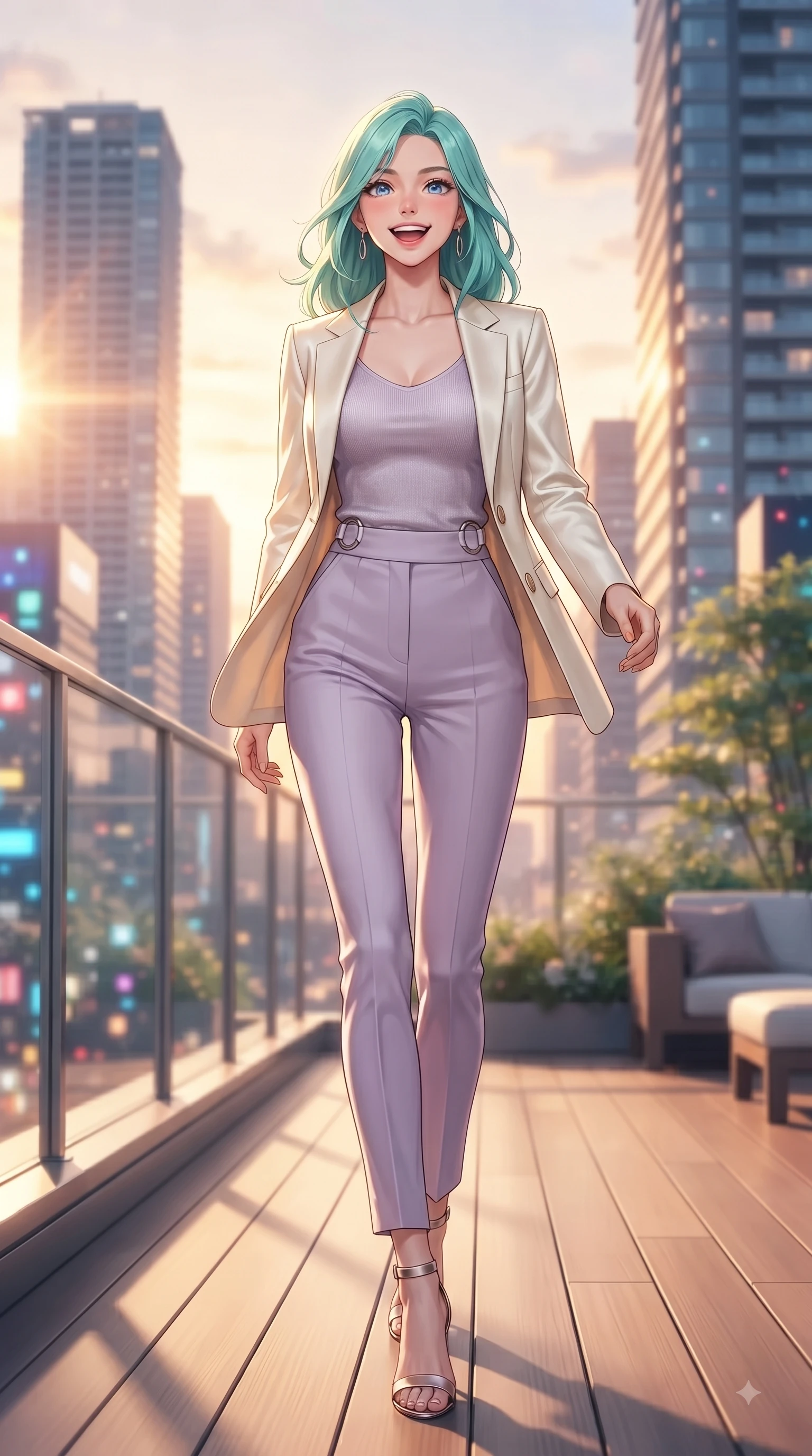 score_9, masterpiece, best quality, ultra-detailed, high-budget anime keyframe, editorial fashion photography, tasteful artistic composition, Japanese woman. low angle full-body shot from head to toe showing her feet, filling the entire 9:16 vertical frame with her statuesque presence, stretching her vertical silhouette. walking forward in a proud dynamic stride with a cheerful beaming smile, her vertical silhouette filling the frame while walking down a sunlit rooftop deck as golden hour paints the modern urban towers. The composition keeps background elements in soft focus with dreamy bokeh. rooftop deck glass railings and terrace greenery softened in smooth shallow focus. She has an absolutely perfect, statuesque 8.5-heads proportion, an exceptionally tall and slender model-like female figure with impossibly long slender legs and an ultra-slim waist. sharp v-shaped jawline, high-bridge nose, intricate jewel-like eyes with depth, thick eyelashes, glossy lips with a natural sheen, flawlessly proportioned anatomical accuracy, natural body alignment, perfectly sculpted elegant limbs, clean dynamic posture without body distortion. wearing a tailored cream silk blazer over a fitted scoop-neck camisole and slacks in soft lavender violet and pearl white, knitted from soft cozy cashmere yarn, accented with subtle metallic ring hardware framing her waist, the elegant draped fit framing her graceful clavicle and slender torso. bathed in dramatic golden hour sunset glow and vibrant urban night lights. ultra-reflective glossy finish, specular highlights, metallic sheen, high-contrast stereoscopic depth, volumetric dynamic lighting, 2k, ultra detail, master piece, 9:16 ratio
