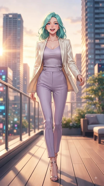 score_9, masterpiece, best quality, ultra-detailed, high-budget anime keyframe, editorial fashion photography, tasteful artistic composition, Japanese woman. low angle full-body shot from head to toe showing her feet, filling the entire 9:16 vertical