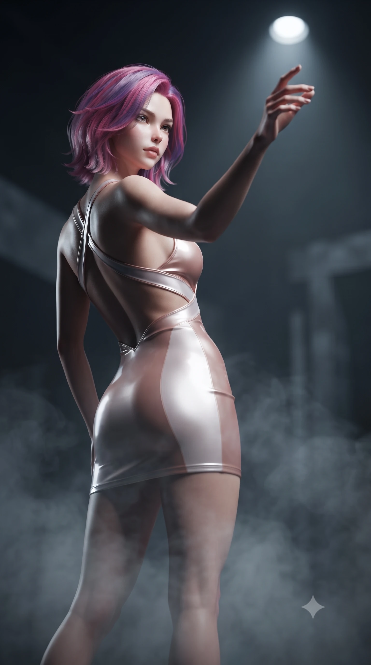 score_9, masterpiece, best quality, ultra-detailed, high-budget anime keyframe, editorial fashion photography, tasteful artistic composition, Caucasian woman. close-up cowboy shot from the waist and thighs up, the character dominates the composition, filling the frame with her large presence, background elements kept in soft focus. Reaching her hand gracefully toward the camera with magnetic allure, her torso turning in a dynamic S-curve alignment while reaching her hand forward toward a solitary spotlight isolating her statuesque posture, sub-zero mist swirling gently around her long slender legs and athletic build. She has an exceptionally elegant, slender, and willowy female figure with an ultra-slim waist, a gracefully sculpted slender torso, and a refined silhouette. sharp v-shaped jawline, high-bridge nose, intricate jewel-like eyes with depth, thick eyelashes, glossy lips with a natural sheen, flawlessly proportioned anatomical accuracy, natural body alignment, perfectly sculpted elegant limbs, clean dynamic posture without body distortion. wearing a liquid mercury gloss mini dress with ultra-deep V-neck and waist cutouts in pearl white and rose gold, formed from sleek second-skin neoprene, complemented by criss-cross back straps highlighting her bare shoulders, the form-contouring material highlighting her ultra-slim waist and long lines. illuminated by dramatic opera key lights with ultra-bright specular highlights. ultra-reflective glossy finish, specular highlights, metallic sheen, high-contrast stereoscopic depth, volumetric dynamic lighting, 2k, ultra detail, master piece, 9:16 ratio