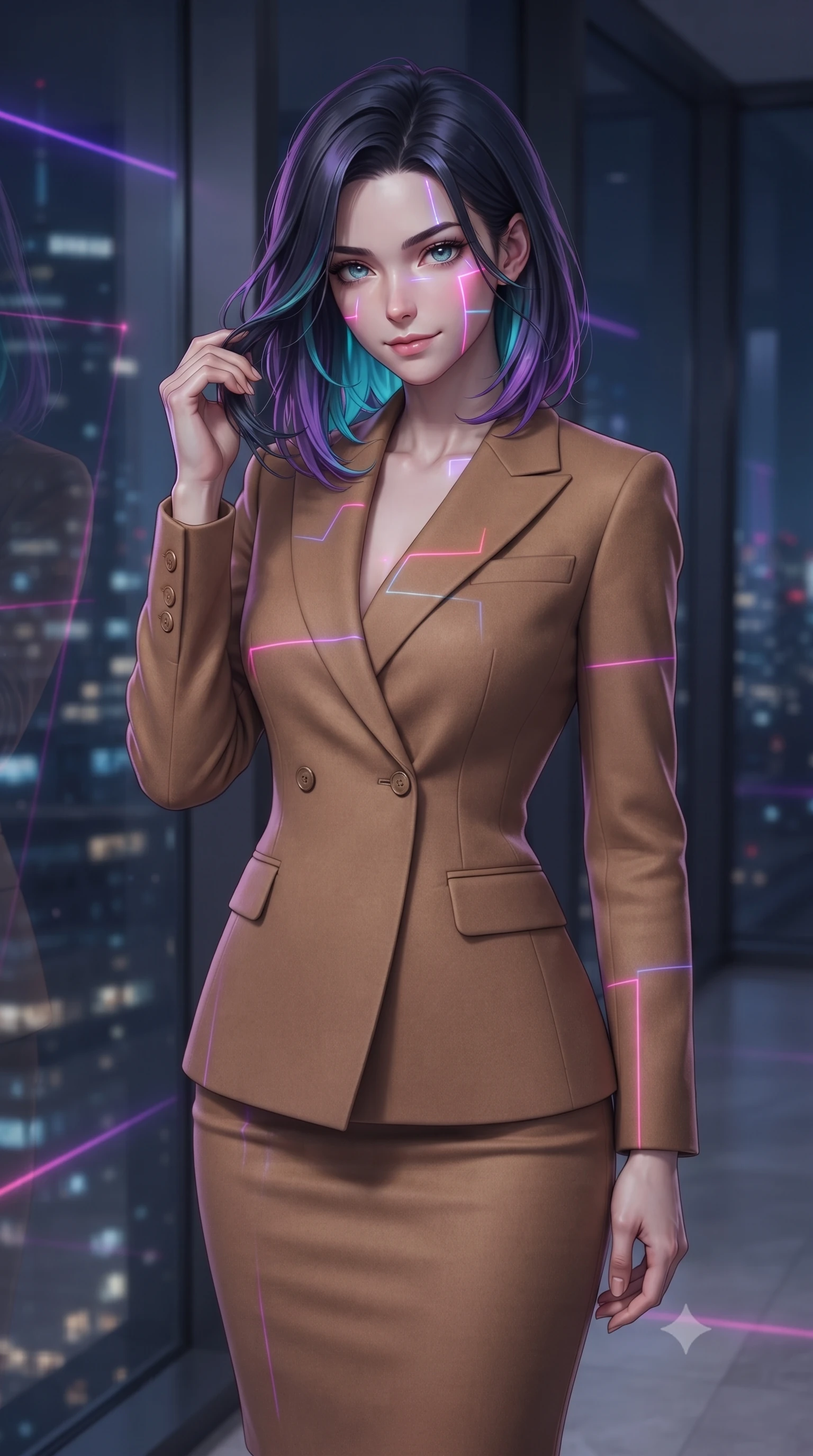 score_9, masterpiece, best quality, ultra-detailed, high-budget anime keyframe, editorial fashion photography, tasteful artistic composition, Caucasian woman, strictly human ears. close-up cowboy shot from the waist and thighs up, the character dominates the composition, filling the frame with her large presence, background elements kept in soft focus. Gently brushing hair from her face with an enigmatic half-smile. set against a soft-focus background of standing against floor-to-ceiling windows of a minimalist penthouse office with the entire night city reflected in the glass creating a ghostly double-exposure effect where interior and exterior merge in the reflection. She has an exceptionally elegant and slender, willowy female figure with an ultra-slim waist, a gracefully sculpted slender torso, and a refined slim physique. sharp v-shaped jawline, high-bridge nose, intricate jewel-like eyes with depth, thick eyelashes, glossy lips with a natural sheen. wearing a tailored double-breasted blazer worn closed over a slim matching skirt in a warm camel wool, accentuating her waist. laser lines of violet and hot pink reflecting off surfaces casting geometric neon highlights. 2k, ultra detail, master piece, 9:16 ratio