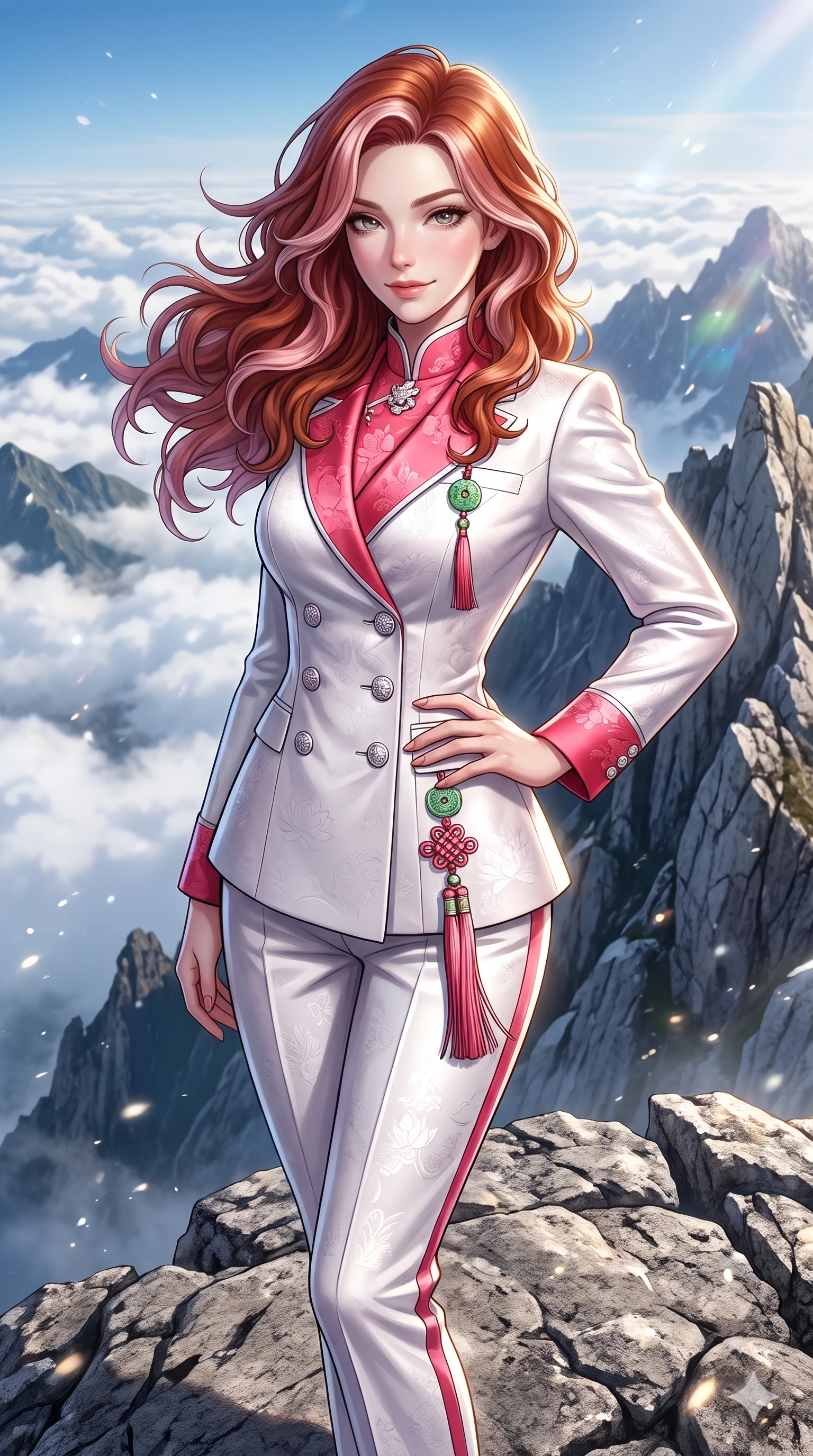 score_9, masterpiece, best quality, ultra-detailed, high-budget anime keyframe, semi-realistic 3D game render, editorial fashion photography, tasteful artistic composition, Caucasian woman. close-up cowboy shot from the waist and thighs up, the character dominates the composition, filling the frame with her large presence. tilting her head with a teasing half-smile, running one hand slowly down the side of her hip in a flirtatious S-curve as ambient light caresses her silhouette while standing tall on the outer granite precipice, arching her spine with sovereign supermodel grace as mountain gales whip through her hair. The surrounding environment is rendered in vivid detail and crisp panoramic clarity: detailed liquid metallic lamé plunge jumpsuit cling, side cutouts, and pristine mountain geology in razor-sharp clarity. She has an exceptionally elegant, slender, and willowy female figure with an ultra-slim waist, flat toned midriff, narrow ribcage, and sculpted feminine hips creating an alluring, slim hourglass silhouette without bulk. sharp v-shaped jawline, high-bridge nose, sparkling eyes with hypnotic seductive depth, thick curled eyelashes, glossy parted lips with a natural dewy peach sheen, alluring bedroom-eyes with an enchanting coquettish smile, exuding magnetic siren charisma and sophisticated glamour, flawlessly proportioned anatomical accuracy, strict slender model proportions, natural body alignment, perfectly sculpted long slender limbs, ultra-slim waistline, clean dynamic posture without body distortion. wearing a tailored double-breasted silk brocade pantsuit with mandarin collar and mother-of-pearl dragon crest buttons in pure snow white and vivid cherry blossom crimson, tailored from rich silk jacquard with subtle embossed lotus blossom patterns, finished with authentic carved jade pendants and traditional norigae knots, the bespoke structured tailoring following the natural line of her 8.5-heads silhouette with refined elegance. illuminated by cloud sea upward bounce and sharp silver-topaz rim lights defining her razor-sharp jawline, narrow waist, and curvy hips. highly saturated vibrant anime colors, detailed shading with soft gradients, rich glossy textures, high-contrast stereoscopic depth, volumetric dynamic lighting, master piece, 9:16 ratio