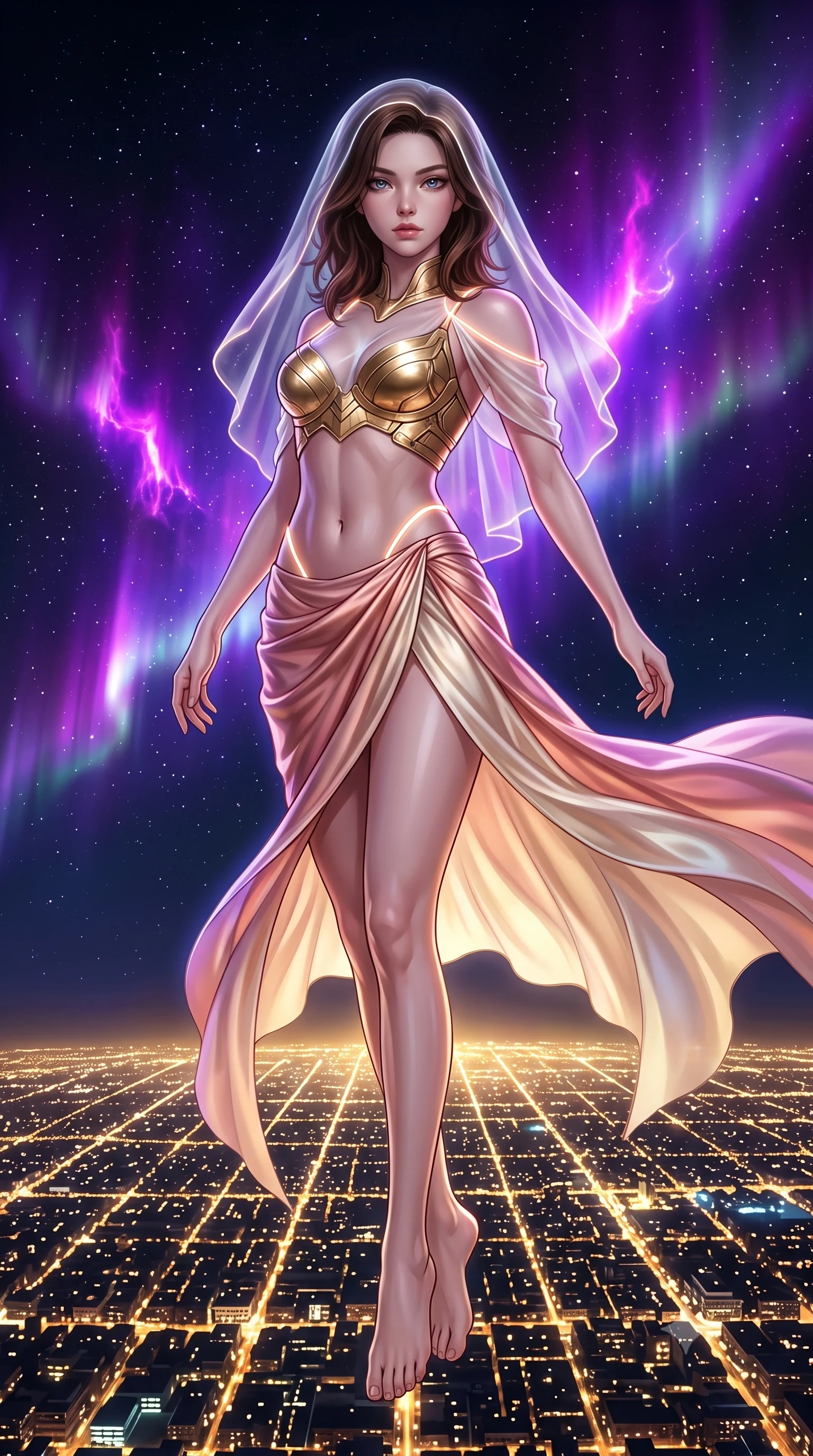 score_9, masterpiece, best quality, ultra-detailed, high-budget anime keyframe, editorial fashion photography, tasteful artistic composition, Korean woman. low angle full-body shot from head to toe showing her feet, filling the entire 9:16 vertical frame with her statuesque presence, stretching her vertical silhouette. performing an alluring mid-air vault with flawless poise, looking directly into the camera with regal, divine intensity while arching her spine in a fluid stretch under the vast cosmic aurora with endless city light grids stretching below. The surrounding environment is rendered in vivid detail and crisp panoramic clarity. vibrant high-contrast night skyline and electrifying cosmic phenomena rendered in panoramic precision. She has an absolutely perfect, statuesque 8.5-heads proportion, an exceptionally tall and slender model-like female figure with impossibly long slender legs, a toned flat midriff, and an ultra-slim waist. sharp v-shaped jawline, high-bridge nose, intricate jewel-like eyes with depth, thick eyelashes, glossy lips with a natural sheen, flawlessly proportioned anatomical accuracy, strict slender model proportions, natural body alignment, perfectly sculpted long slender limbs, ultra-slim waistline, clean dynamic posture without body distortion. wearing an ethereal translucent cyber-veil paired with a sculpted golden mechanical cuirass and high-fashion draped silk skirt in sculpted rose gold and luminescent champagne ivory, made of smooth flowing silk chiffon that shifts colors with movement, accented with glowing fiber-optic seams tracing her collarbones and hip curves, the form-contouring material adhering flawlessly to her sculpted flat midriff and slender torso, emphasizing her long leg lines and perfectly proportioned willowy build. bathed in vivid violet and electric magenta plasma aurora backlighting with golden city ground bounce. ultra-reflective glossy finish, specular highlights, dark metallic sheen, high-contrast stereoscopic depth, volumetric dynamic lighting, 2k, ultra detail, master piece, 9:16 ratio