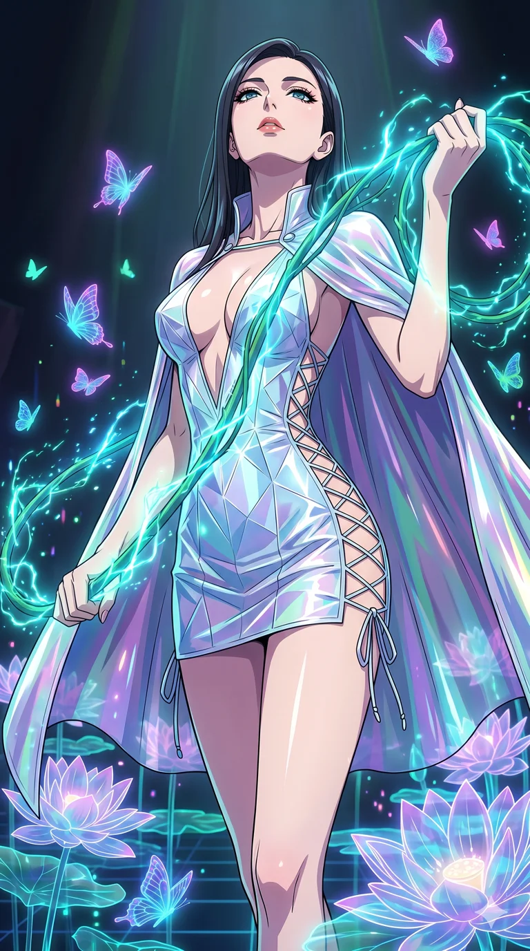 score_9, masterpiece, best quality, ultra-detailed, High-budget Anime Keyframe, vibrant colors, fluid line-art, expressive lighting, cinematic composition, Ufotable-style visual effects, top-tier animation quality, Japanese woman with delicate and elegant anime-inspired features. Low angle cowboy shot filling the entire 9:16 frame with her statuesque presence, looking up to emphasize her height. Wielding a glowing vine whip that crackles with bioluminescent energy, devoid of thorns. She has an absolutely perfect 8-heads proportion, an exceptionally tall and slender female figure with impossibly long slender legs and an ultra-slim waist, her statuesque height and towering silhouette dominating the vertical 9:16 frame. Her face is a masterpiece featuring a sharp v-shaped jawline, high-bridge nose, intricate jewel-like eyes with depth, thick eyelashes, and glossy lips with a natural sheen. She is wearing a Crystalline structure mini-dress with an iridescent vinyl cape, dangerous plunging neckline, and lace-up side panels.. The scene is set in a digital garden filled with holographic lotus flowers and neon butterflies. 2k, ultra detail, master piece, 9:16 ratio