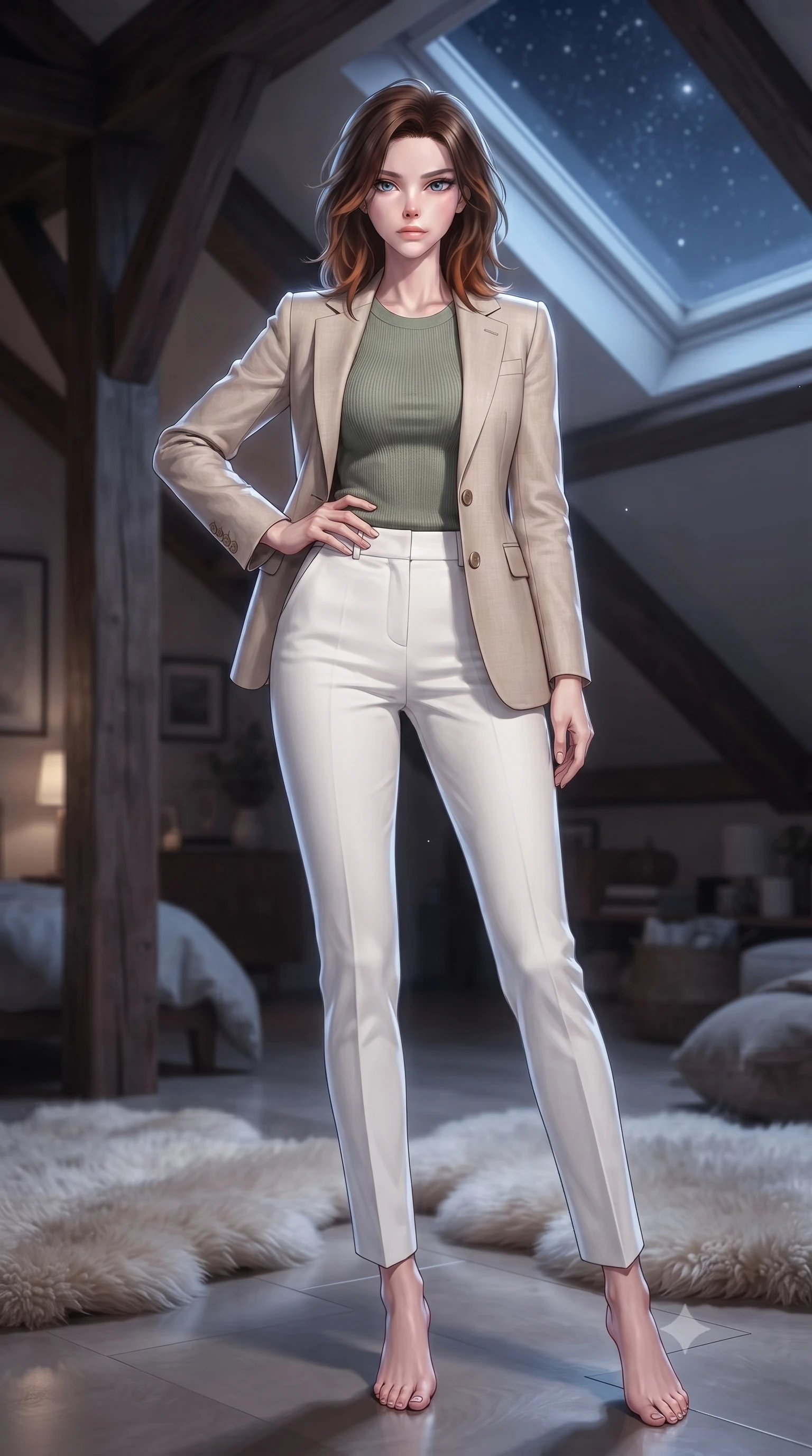 score_9, masterpiece, best quality, ultra-detailed, high-budget anime keyframe, editorial fashion photography, tasteful artistic composition, Korean woman woman. low angle full-body shot from head to toe showing her feet, filling the entire 9:16 vertical frame with her statuesque presence, stretching her vertical silhouette. posing confidently with one hand on her hip, stretching her statuesque body to emphasize her curves the background shows a soft-focus a quiet attic loft with exposed wooden beams, soft sheepskin rugs, and a large skylight showing stars. She has an absolutely perfect, statuesque 8.5-heads proportion, an exceptionally tall and slender model-like female figure with impossibly long slender legs and an ultra-slim waist. sharp v-shaped jawline, high-bridge nose, intricate jewel-like eyes with depth, thick eyelashes, glossy lips with a natural sheen. wearing a body-hugging tailored beige linen blazer over a sage green knit top and white trousers. soft silver moonlight wrapping her silhouette in a cool cosmic glow. ultra-reflective glossy finish, specular highlights, metallic sheen, high-contrast stereoscopic depth, volumetric dynamic lighting, 2k, ultra detail, master piece, 9:16 ratio