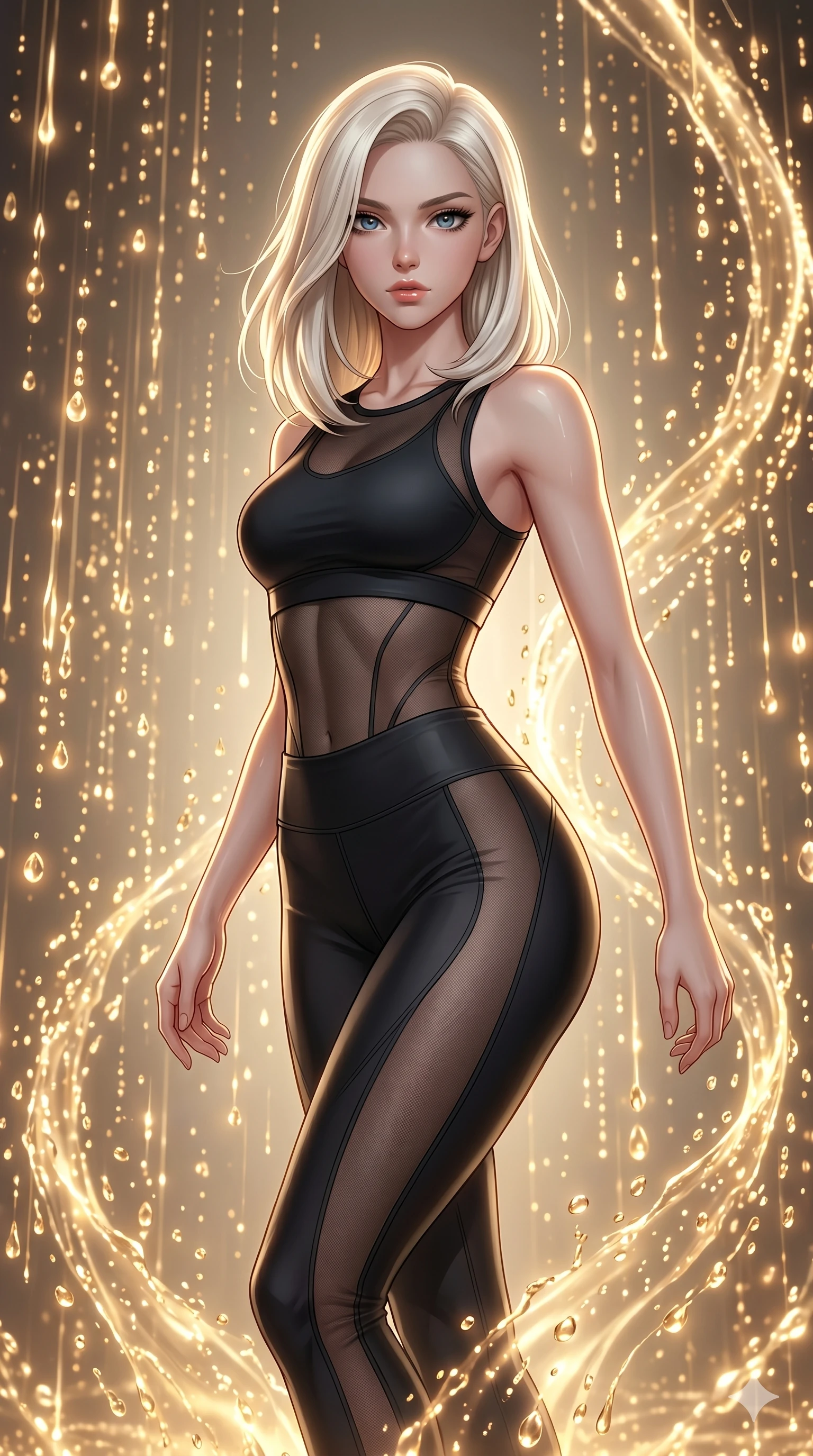 score_9, masterpiece, best quality, ultra-detailed, high-budget anime keyframe, Caucasian woman, strictly human ears. upper body close-up from the thighs up, character filling the screen for maximum presence. dodging ethereal liquid gold rain that rises upward from the ground in warm shimmering droplets under an inverted gravity field. She has an absolutely perfect 8-heads proportion, an exceptionally tall and slender female figure with impossibly long slender legs and an ultra-slim waist. V-shaped jawline, high-bridge nose, intricate jewel-like eyes with depth, thick eyelashes, glossy lips with a natural sheen.. wearing a sheer mesh athleisure set, featuring a tight matte black top and leggings with semi-opaque mesh panels tracing the curves of her waist and thighs. lit by a soft glowing ambient light and a sharp side key light that traces the sleek contours of her athletic build. 2k, ultra detail, master piece, 9:16 ratio