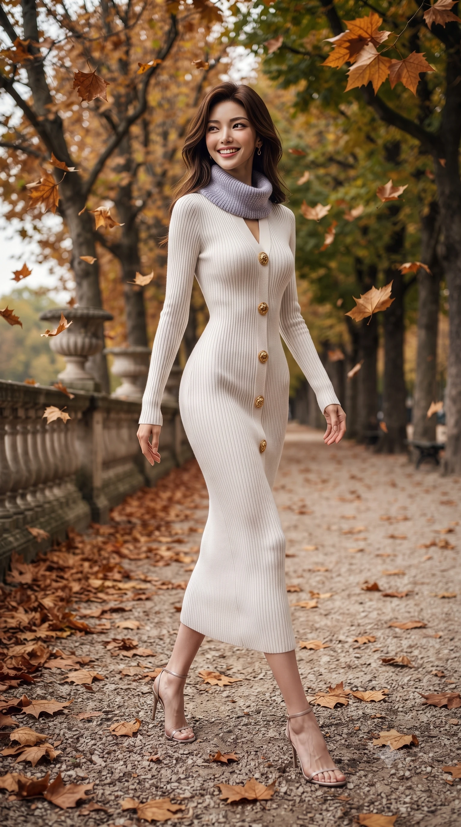 score_9, masterpiece, best quality, ultra-detailed, high-budget anime keyframe, editorial fashion photography, tasteful artistic composition, Korean woman. low angle full-body shot from head to toe showing her feet, filling the entire 9:16 vertical frame with her statuesque presence, stretching her vertical silhouette. sitting gracefully on the plush bench with legs crossed and angled toward the camera, highlighting her long slender limbs and hourglass waist while strolling along the tree-lined gravel promenade surrounded by falling amber plane tree leaves, looking back with a joyful, beaming smile. The surrounding environment is rendered in vivid detail and crisp panoramic clarity: sharp veining on crisp fallen autumn leaves, weathered limestone bridge baluster textures, and gravel pathway grains in deep focus. She has an exceptionally tall and slender model-like 8.5-heads proportion, an ultra-slim waist, a flat toned midriff, narrow delicate ribcage, and beautifully sculpted feminine hips creating a graceful, slim hourglass silhouette without any bulky heaviness, with impossibly long slender legs. sharp v-shaped jawline, high-bridge nose, intricate jewel-like sparkling eyes with depth, thick eyelashes, glossy parted lips with a natural peach sheen, bright cheerful beaming smile with an enchanting and coquettish sensual glint, exuding both youthful cute charm and seductive allure, flawlessly proportioned anatomical accuracy, strict slender model proportions, natural body alignment, perfectly sculpted long slender limbs, ultra-slim waistline, clean dynamic posture without body distortion. wearing a form-contouring ribbed knit bodycon maxi dress in snow ivory with a cozy high cowl-neck hugging every curve in frosted mountain lavender and shimmering ice silver, tailored from premium double-knit ponte with sleek sculpting hold and smooth contours, accented with an ornate 24k gold lion-embossed crest button along the snug front closure, the second-skin tailored fabric adhering flawlessly to her sculpted flat midriff and slender torso, emphasizing her long leg lines and perfectly proportioned willowy build. illuminated by lake water shimmer fill and rich copper-gold rim lights defining her razor-sharp jawline and tall slender figure. ultra-reflective glossy finish, specular highlights, rich textural contrasts, high-contrast stereoscopic depth, volumetric dynamic lighting, 2k, ultra detail, master piece, 9:16 ratio