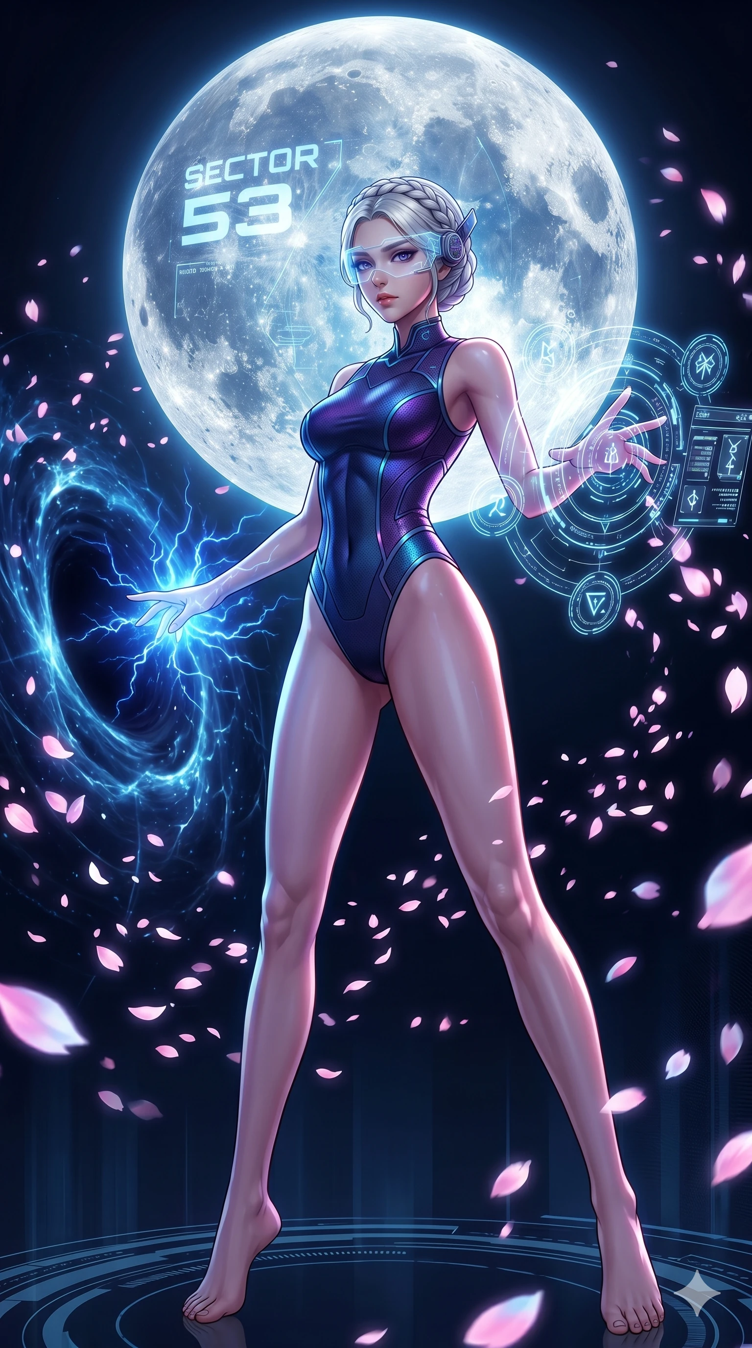 score_9, masterpiece, best quality, ultra-detailed, Set A: High-budget Anime Keyframe, Korean woman. Low angle cowboy shot filling the entire 9:16 frame with her statuesque presence. Casting a spell through a virtual reality void, with a massive holographic moon rising behind her marked as sector 53 and surrounded by digital sakura petals. She has an absolutely perfect 8-heads proportion, an exceptionally tall and slender female figure with impossibly long slender legs and an ultra-slim waist. Sharp v-shaped jawline, high-bridge nose, intricate jewel-like eyes with depth, thick eyelashes, glossy lips with a natural sheen. Wearing High-cut athletic leotard with glowing trim and a translucent visor accessory. Cinematic lighting, vibrant colors, dramatic shadows, 2k, ultra detail, master piece, 9:16 ratio