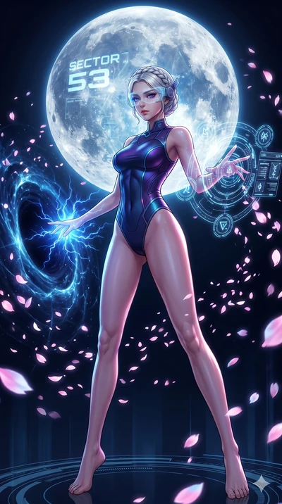 score_9, masterpiece, best quality, ultra-detailed, Set A: High-budget Anime Keyframe, Korean woman. Low angle cowboy shot filling the entire 9:16 frame with her statuesque presence. Casting a spell through a virtual reality void, with a massive holo