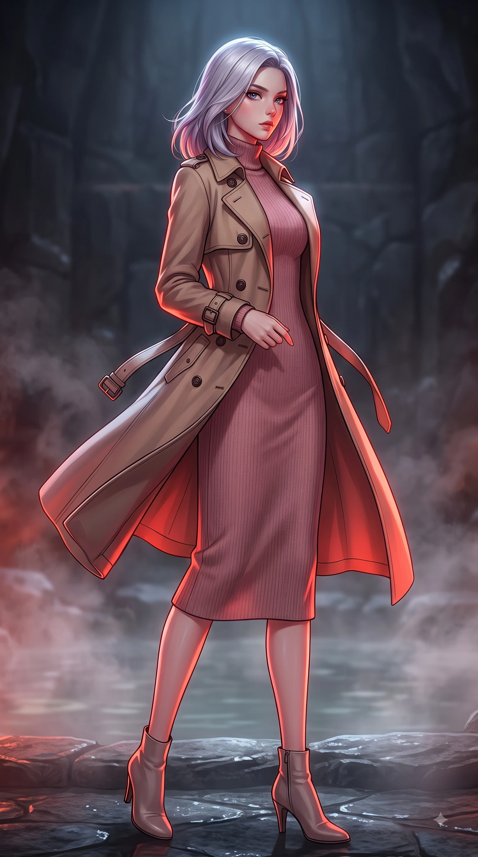 score_9, masterpiece, best quality, ultra-detailed, high-budget anime keyframe, editorial fashion photography, tasteful artistic composition, Caucasian woman woman. low angle full-body shot from head to toe showing her feet, filling the entire 9:16 vertical frame with her statuesque presence, stretching her vertical silhouette. She has an absolutely perfect, statuesque 8.5-heads proportion, an exceptionally tall and slender model-like female figure with impossibly long slender legs and an ultra-slim waist. turning fluidly while glancing back over her shoulder with magnetic intensity and statuesque grace, flawlessly proportioned anatomical accuracy, natural body alignment, perfectly sculpted elegant limbs, clean dynamic posture without body distortion. set against a soft-focus background of a dark basalt thermal bath chamber with rising mineral steam. wearing a classic tailored trench coat over a high-neck dusty rose knit midi dress. bathed in warm crimson furnace glow from below contrasting with cool top ambient light. highly saturated vibrant anime colors, detailed shading with soft gradients, rich glossy textures, high-contrast stereoscopic depth, volumetric dynamic lighting, master piece, 9:16 ratio