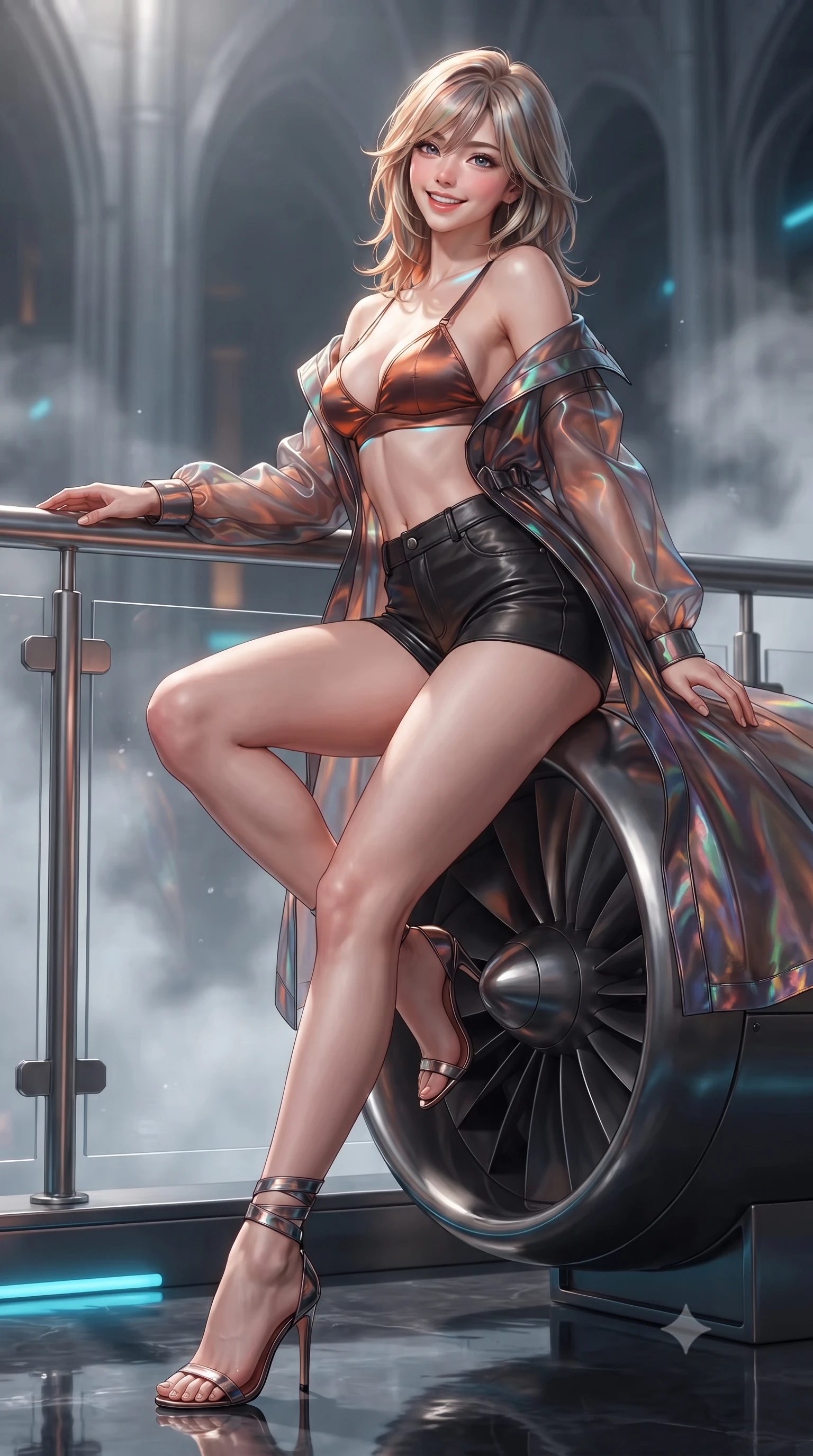 score_9, masterpiece, best quality, ultra-detailed, high-budget anime keyframe, editorial fashion photography, tasteful artistic composition, Japanese woman. low angle full-body shot from head to toe showing her feet, filling the entire 9:16 vertical frame with her statuesque presence, stretching her vertical silhouette. leaning deep against the balcony balustrade with hips cocked back in an unapologetically alluring high-fashion stance, casting an intoxicating glance while sitting poised on the polished composite turbine casing with one knee bent, arching her back with playful warrior flair and parted glossy lips. The background shows a soft-focus dense mineral thermal vapor softened in geothermal turbine cathedral shallow focus. She has an exceptionally tall and slender model-like 8.5-heads proportion, an ultra-slim waist, a flat toned midriff, narrow delicate ribcage, and beautifully sculpted feminine hips creating a graceful, slim hourglass silhouette without any bulky heaviness, with impossibly long slender legs. sharp v-shaped jawline, high-bridge nose, intricate jewel-like sparkling eyes with depth, thick eyelashes, glossy parted lips with a natural peach sheen, bright cheerful beaming smile with an enchanting and coquettish sensual glint, exuding both youthful cute charm and seductive allure, flawlessly proportioned anatomical accuracy, strict slender model proportions, natural body alignment, perfectly sculpted long slender limbs, ultra-slim waistline, clean dynamic posture without body distortion. wearing a translucent iridescent organza tactical robe slipping off bare shoulders over a matching satin micro-bralette and combat shorts in volcanic ember orange and brushed gunmetal, woven from buttery-soft stretch lambskin leather adhering to her body like a second skin, complemented by strappy stiletto sandals with metallic ankle wraps accentuating her slender calves, the liquid-tight tailored fabric clinging flawlessly to her narrow waist and rounded feminine hips, emphasizing every millimeter of her sculpted slim hourglass curves without any bulky heaviness. illuminated by wet basalt reflection bounce and sharp electric-cyan rim lights defining her dewy collarbones, ultra-slim waist, and curvy hips. ultra-reflective glossy finish, specular highlights, rich textural contrasts, high-contrast stereoscopic depth, volumetric dynamic lighting, 2k, ultra detail, master piece, 9:16 ratio