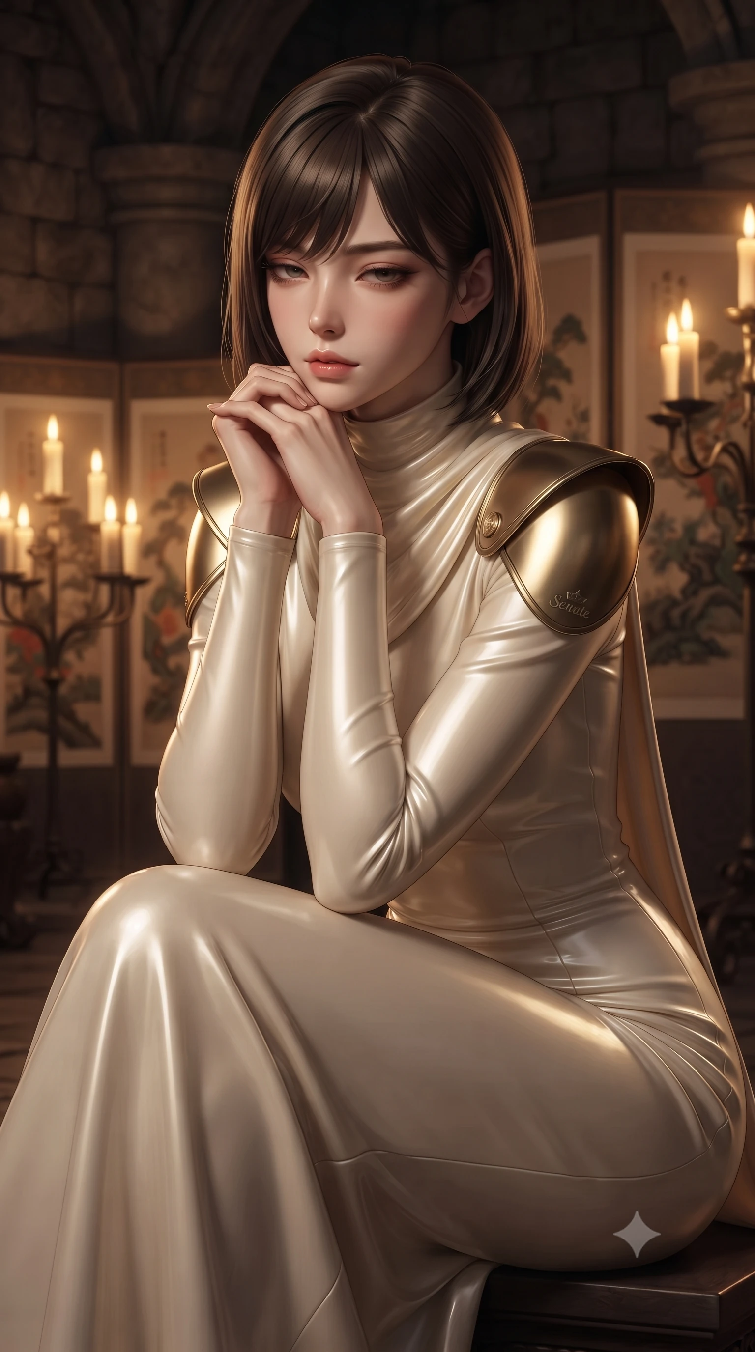 score_9, masterpiece, best quality, ultra-detailed, high-budget anime keyframe, editorial fashion photography, tasteful artistic composition, Korean woman. close-up cowboy shot from the waist and thighs up, the character dominates the composition, filling the frame with her large presence, background elements kept in soft focus. resting her chin on the backs of her fingers, casting a heavy-lidded, sultry look past the camera the background shows a soft-focus an old castle chamber with decorative screen paintings and candle stands. She has an exceptionally elegant, slender, and willowy female figure with an ultra-slim waist, a gracefully sculpted slender torso, and a refined silhouette. sharp v-shaped jawline, high-bridge nose, intricate jewel-like eyes with depth, thick eyelashes, glossy lips with a natural sheen. wearing a form-contouring elegant galactic senate gown in cream cashmere, featuring structured metallic gold shoulder guards and a high-neck drape. warm flickering candle lights casting dramatic shadows on the stone walls. ultra-reflective glossy finish, specular highlights, metallic sheen, high-contrast stereoscopic depth, volumetric dynamic lighting, 2k, ultra detail, master piece, 9:16 ratio