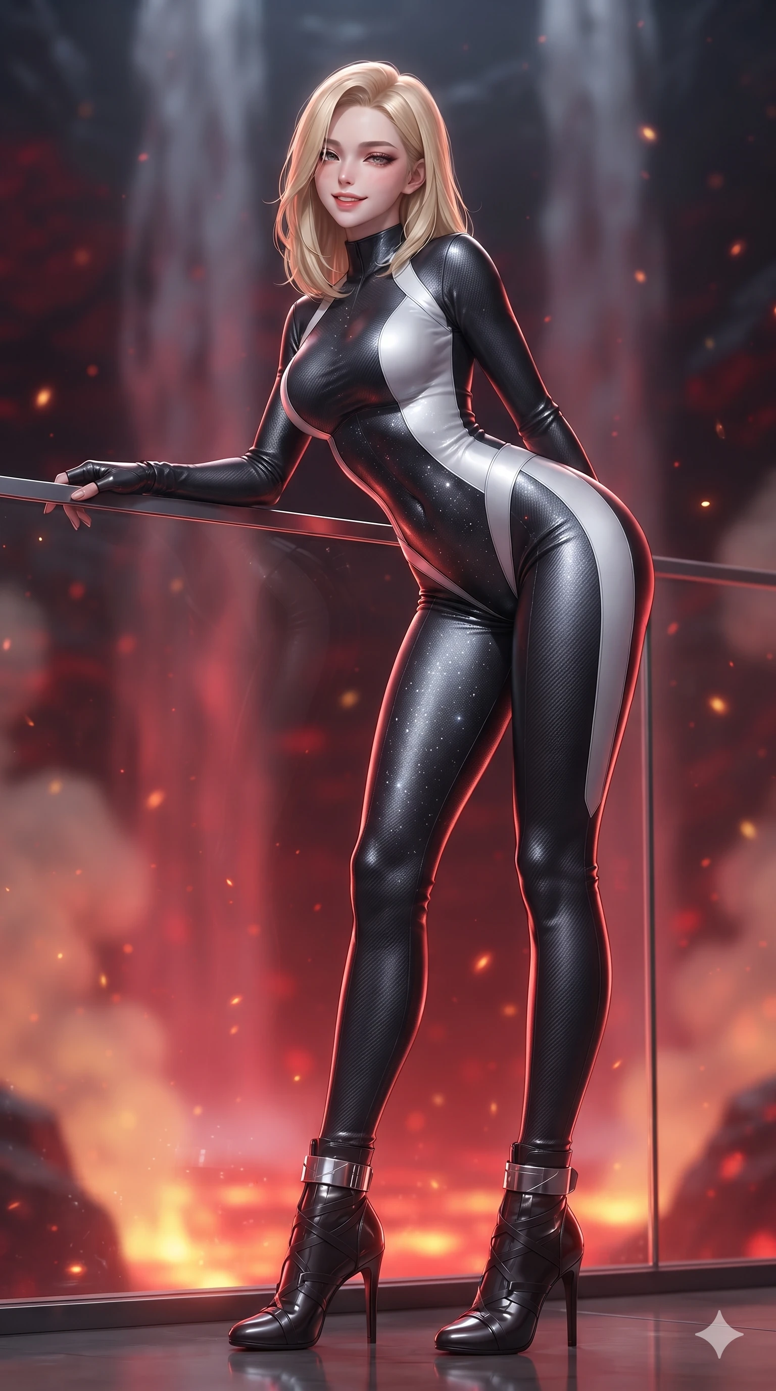 score_9, masterpiece, best quality, ultra-detailed, high-budget anime keyframe, editorial fashion photography, tasteful artistic composition, Korean woman. low angle full-body shot from head to toe showing her feet, filling the entire 9:16 vertical frame with her statuesque presence, stretching her vertical silhouette. stepping slowly toward the camera with hypnotic grace, hips swaying in an alluring sensual rhythm that accentuates her curvy hourglass silhouette and long slender legs while leaning over the heat-shielded glass balustrade with hips cocked back, looking through ascending heat waves with heavy-lidded seductive eyes. The background shows a soft-focus cascading subterranean magma waterfalls, rising sulfur steam plumes, and glowing ember motes blurred into crimson, vermilion, and gold bokeh. She has an absolutely perfect, statuesque 8.5-heads proportion, an exceptionally tall and slender model-like female figure with impossibly long slender legs, an ultra-slim waist, a flat toned midriff, narrow delicate ribcage, and beautifully sculpted feminine hips creating a graceful, slim hourglass silhouette without any bulky heaviness. sharp v-shaped jawline, high-bridge nose, intricate jewel-like sparkling eyes with depth, thick eyelashes, glossy parted lips with a natural sheen, bright confident smile with an enchanting and coquettish sensual glint, exuding both youthful magnetic charm and sovereign high-tech allure, flawlessly proportioned anatomical accuracy, strict slender model proportions, natural body alignment, perfectly sculpted long slender limbs, ultra-slim waistline, clean dynamic posture without body distortion. wearing a body-contouring high-neck metallic cyber-jersey jumpsuit casting radiant starlight shimmer across her flat midriff in dual-tone high-contrast monochrome black and stark white, crafted from lightweight aerodynamic matte carbon-fiber weave with structural stiffness, complemented by strappy stiletto combat boots with metallic ankle wraps accentuating her slender calves, the glove-like clinging cut tightly following the natural contour of her hips and long slender legs with youthful 8.5-heads elegance. illuminated by magma surface bounce and sharp crimson-gold rim lights defining her razor-sharp jawline, narrow waist, and curvy hips. ultra-reflective glossy finish, specular highlights, rich textural contrasts, high-contrast stereoscopic depth, volumetric dynamic lighting, 2k, ultra detail, master piece, 9:16 ratio