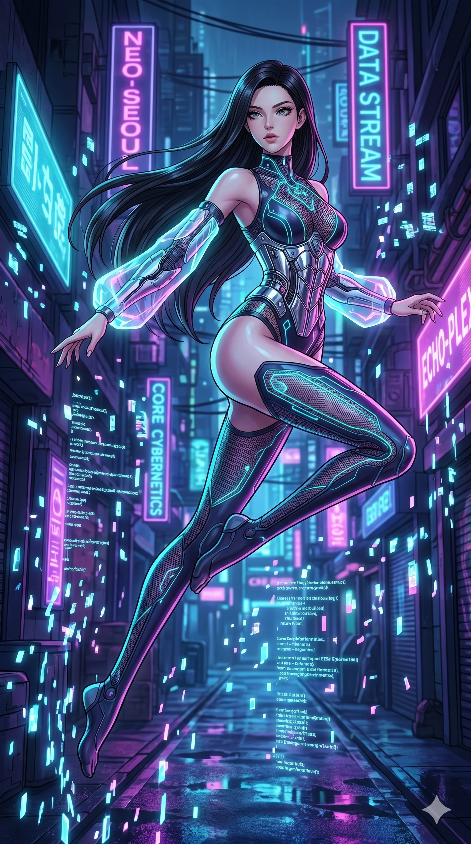score_9, masterpiece, best quality, ultra-detailed, high-budget anime movie keyframe, cinematic anime lighting, intricate line art, Caucasian (strictly human ears) woman. Medium shot of upper body capturing the intricate details of her high-fashion attire. leaping gracefully in a neon-lit cyberpunk alleyway surrounded by floating data-shards. She has an absolutely perfect 8-heads proportion, an exceptionally tall and slender female figure with an ultra-slim waist and impossibly long slender legs. sharp v-shaped jawline, high-bridge nose, intricate jewel-like eyes, thick eyelashes, glossy lips. Wearing asymmetrical high-cut tech-bodysuit with detached glowing sleeves, chrome-plated mechanical corset, and bioluminescent mesh panels clinging to her slender figure. The scene is illuminated by dramatic atmospheric lighting and vibrant color palettes. , 2k, ultra detail, master piece, 9:16 ratio