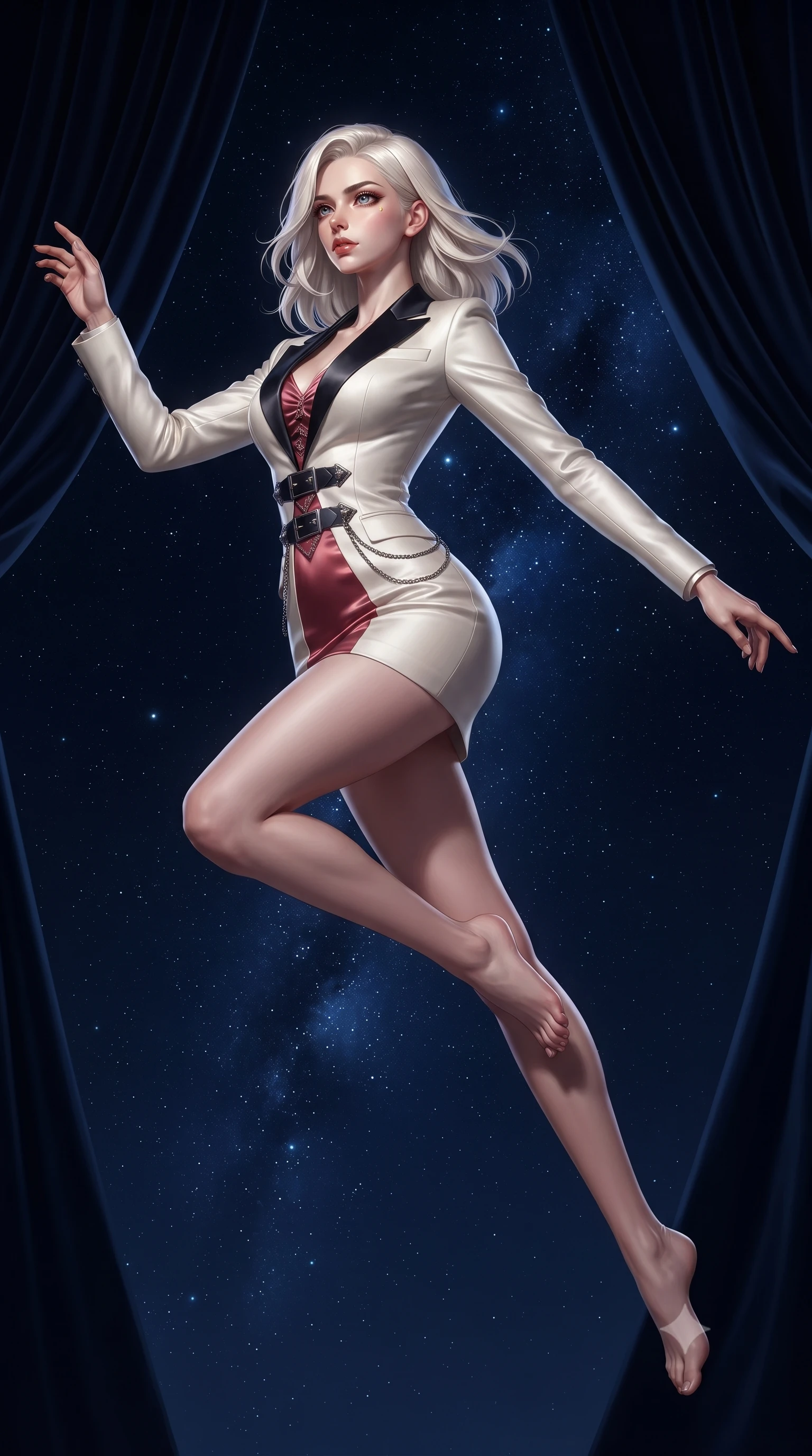 score_9, masterpiece, best quality, ultra-detailed, high-budget anime keyframe, editorial fashion photography, tasteful artistic composition, Caucasian woman. low angle full-body shot from head to toe showing her feet, filling the entire 9:16 vertical frame with her statuesque presence, stretching her vertical silhouette. leaping dynamically through the starry space, her posture full of power and elegance, walking past heavy midnight blue velvet drapery swallowing ambient light, subtle golden candlelight flickering against her smooth skin and glossy lips. She has an absolutely perfect, statuesque 8.5-heads proportion, an exceptionally tall and slender model-like female figure with impossibly long slender legs and an ultra-slim waist. sharp v-shaped jawline, high-bridge nose, intricate jewel-like eyes with depth, thick eyelashes, glossy lips with a natural sheen. wearing tailored ivory tux dress with satin lapels and fitted waist in dark mahogany, made of soft crimson satin, framed by dark titanium buckles and silver chain details, following her slender form with tailored precision. bathed in dramatic chiaroscuro with a sharp key light tracing her side profile. ultra-reflective glossy finish, specular highlights, metallic sheen, high-contrast stereoscopic depth, volumetric dynamic lighting, 2k, ultra detail, master piece, 9:16 ratio